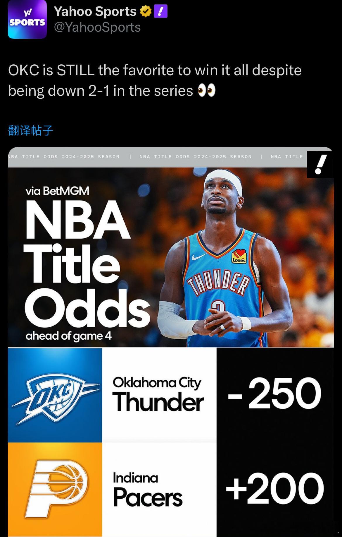 Yahoo Sports：即使大比分1-2落后，雷霆在相关网站上仍然是夺冠的热门