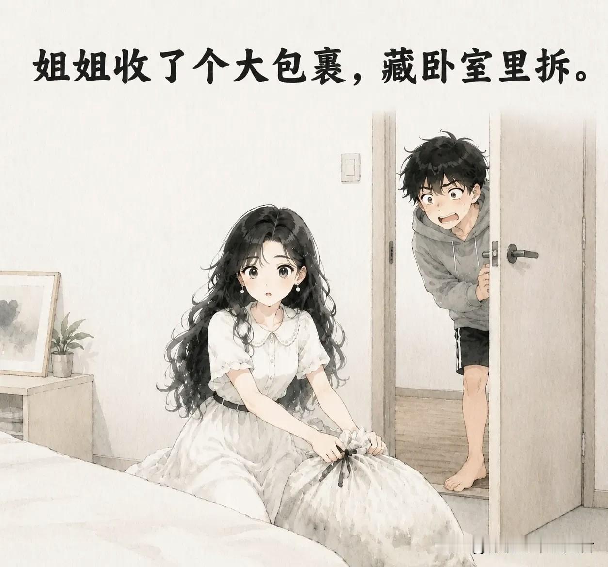 趣味漫画分享：姐姐收了个大包裹，藏卧室里拆。弟弟溜进来：“姐，又买啥了？”姐姐紧