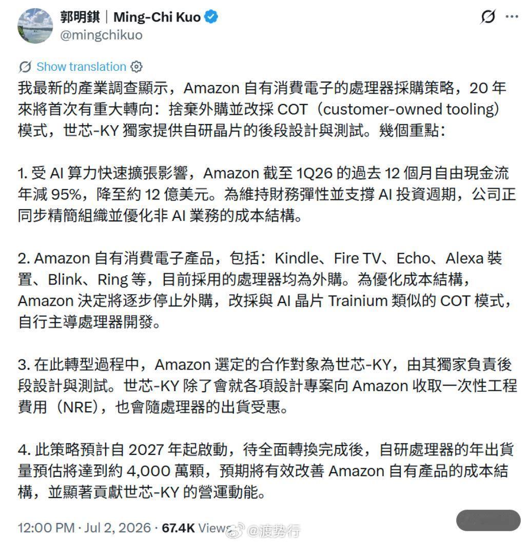 💰【现金流承压下的自救：亚马逊押注自研芯片，这家公司独享红利】💰      