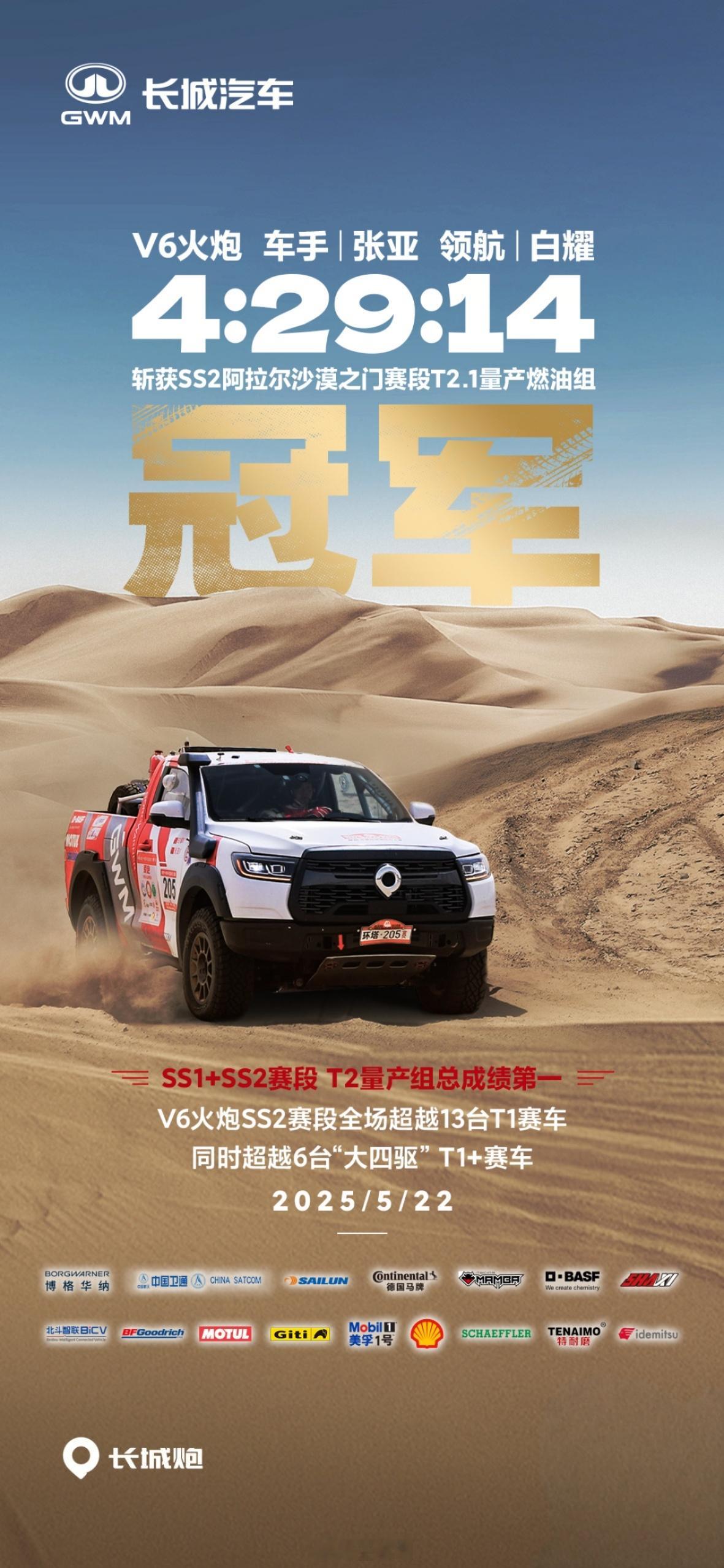 环塔拉力赛T2量产组的超级种子选手V6火炮斩获SS2赛段T2.1量产燃油组冠军截