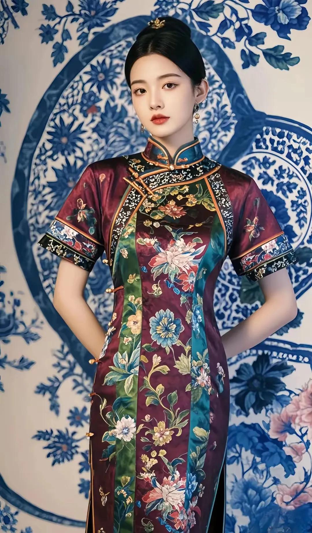 当旗袍的温婉雅致与青花瓷的清新脱俗相遇，它们仿佛共同编织了一场关于中国风的绝美梦