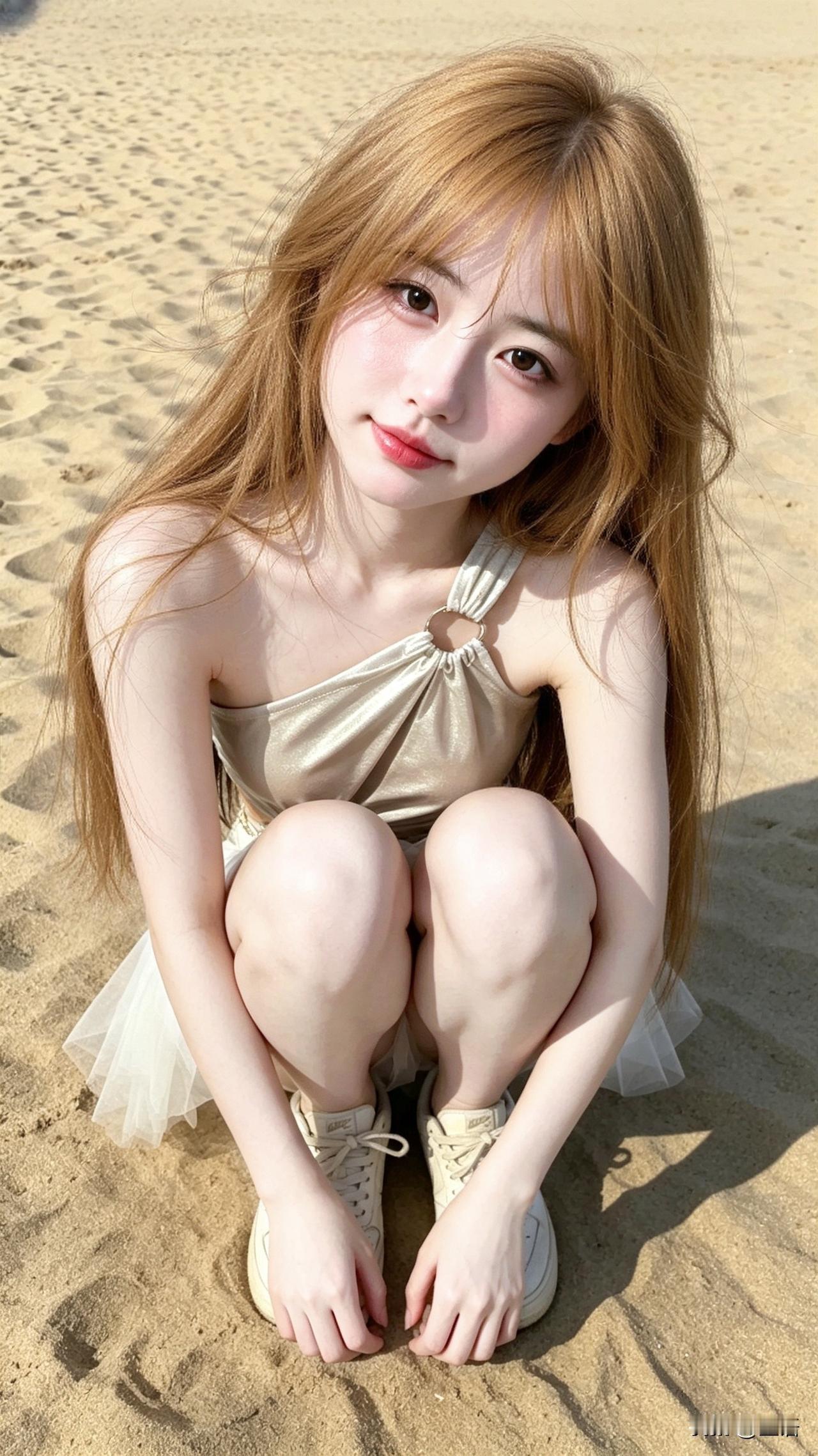 我终于来到沙滩了，阳光下的温柔瞬间，我可爱的夏日。夏日的元气少女