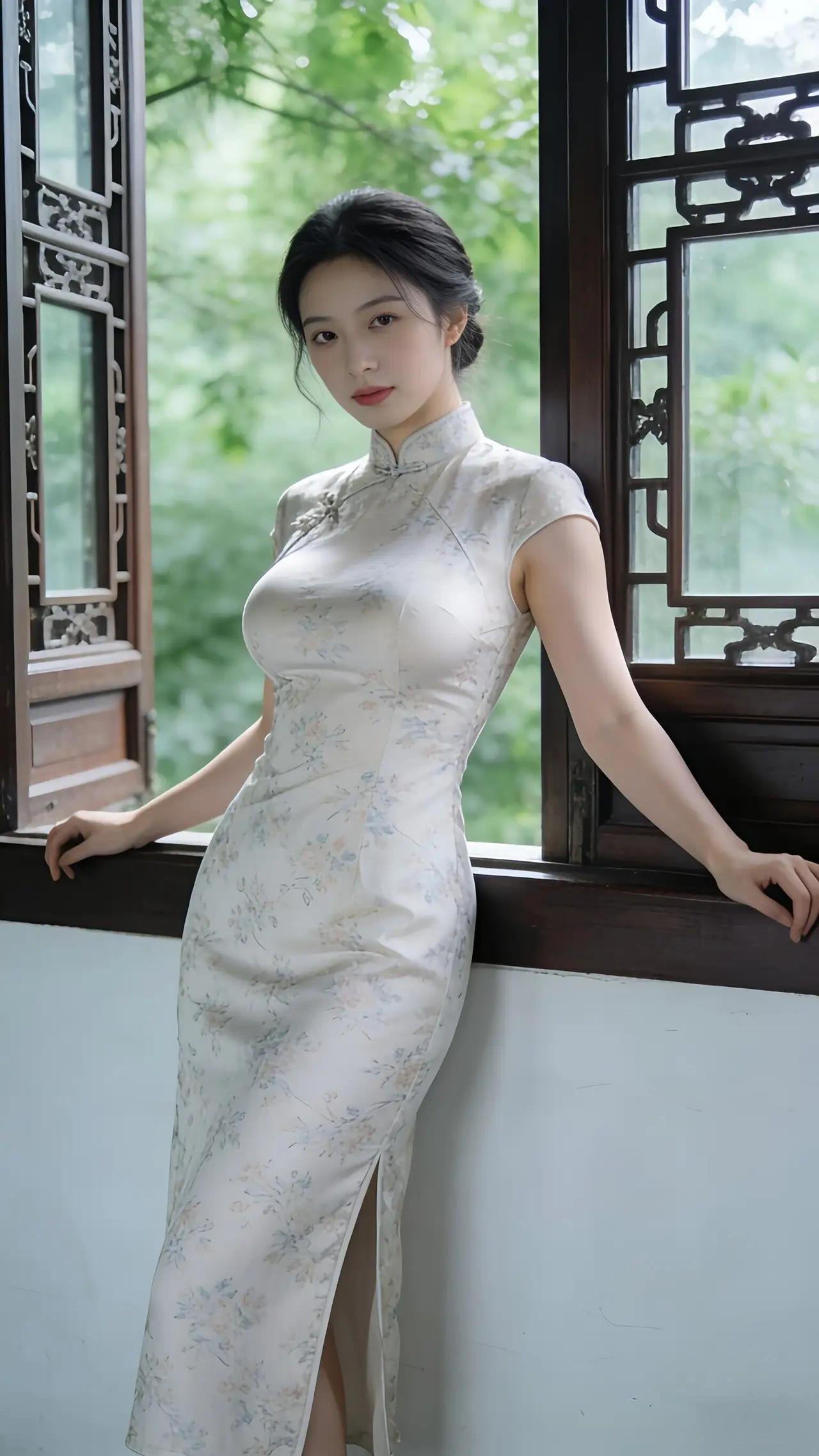 图片中，一位女性身着浅米色底、印有淡蓝与浅黄色小碎花图案的修身旗袍，立领、盘扣与