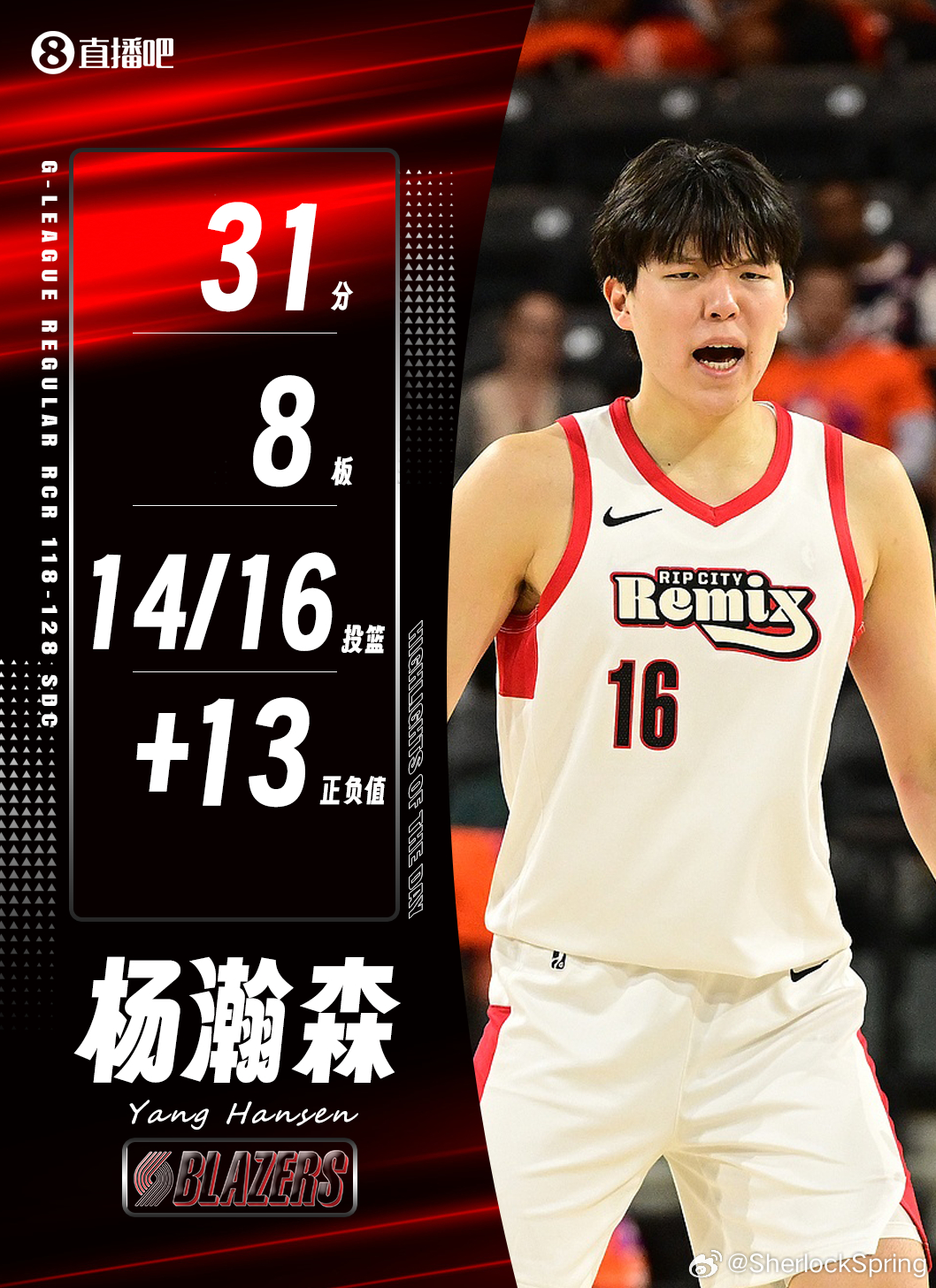 杨瀚森今天终于打出代表作，16中14砍下G联盟生涯新高的31分（杨瀚森CBA生涯
