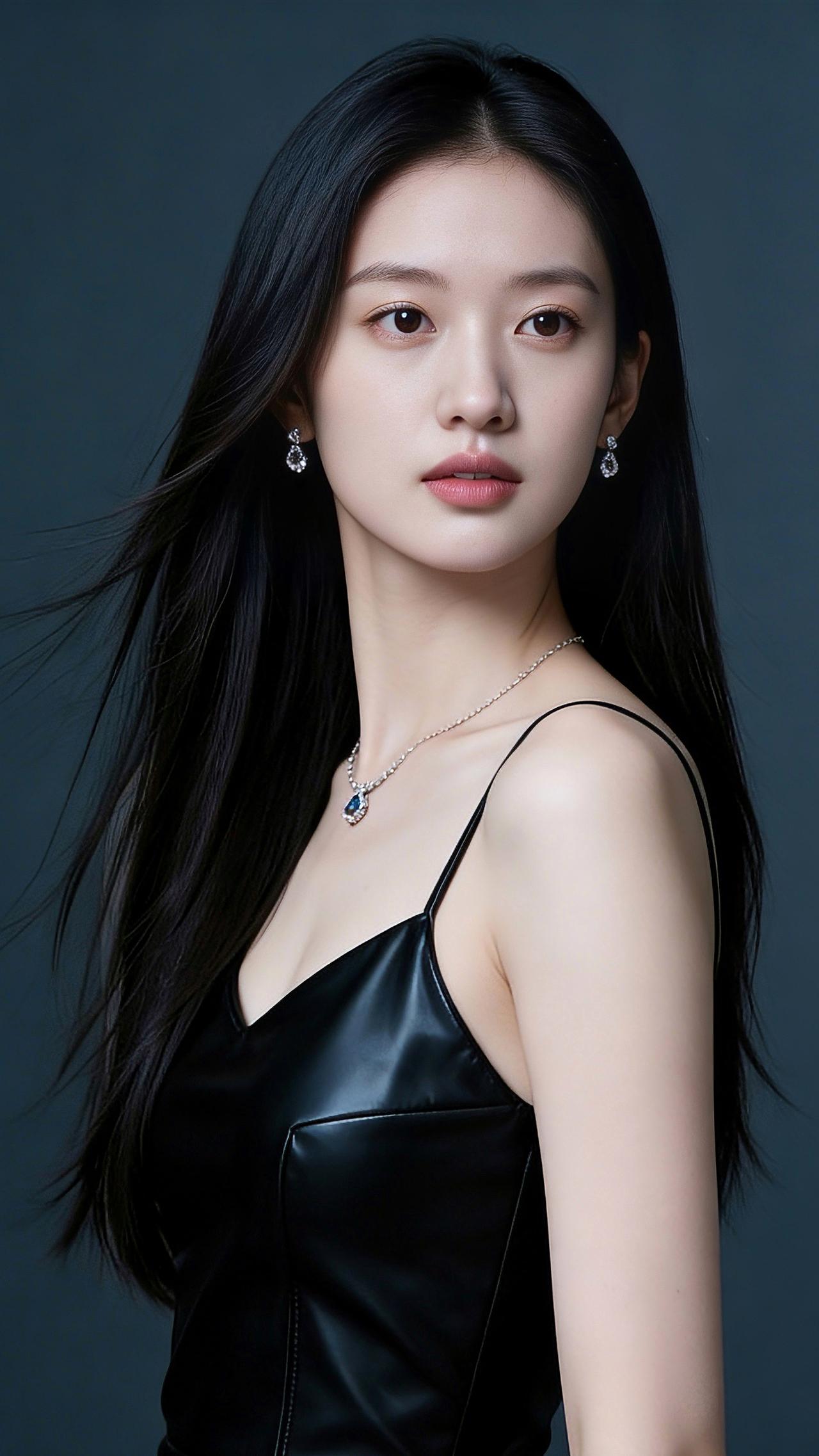 九帧同绘黑衣冷艳仙。乌发如瀑垂落，黑吊带皮衣衬曼妙肩线，蓝宝石项链耳饰耀华。深灰