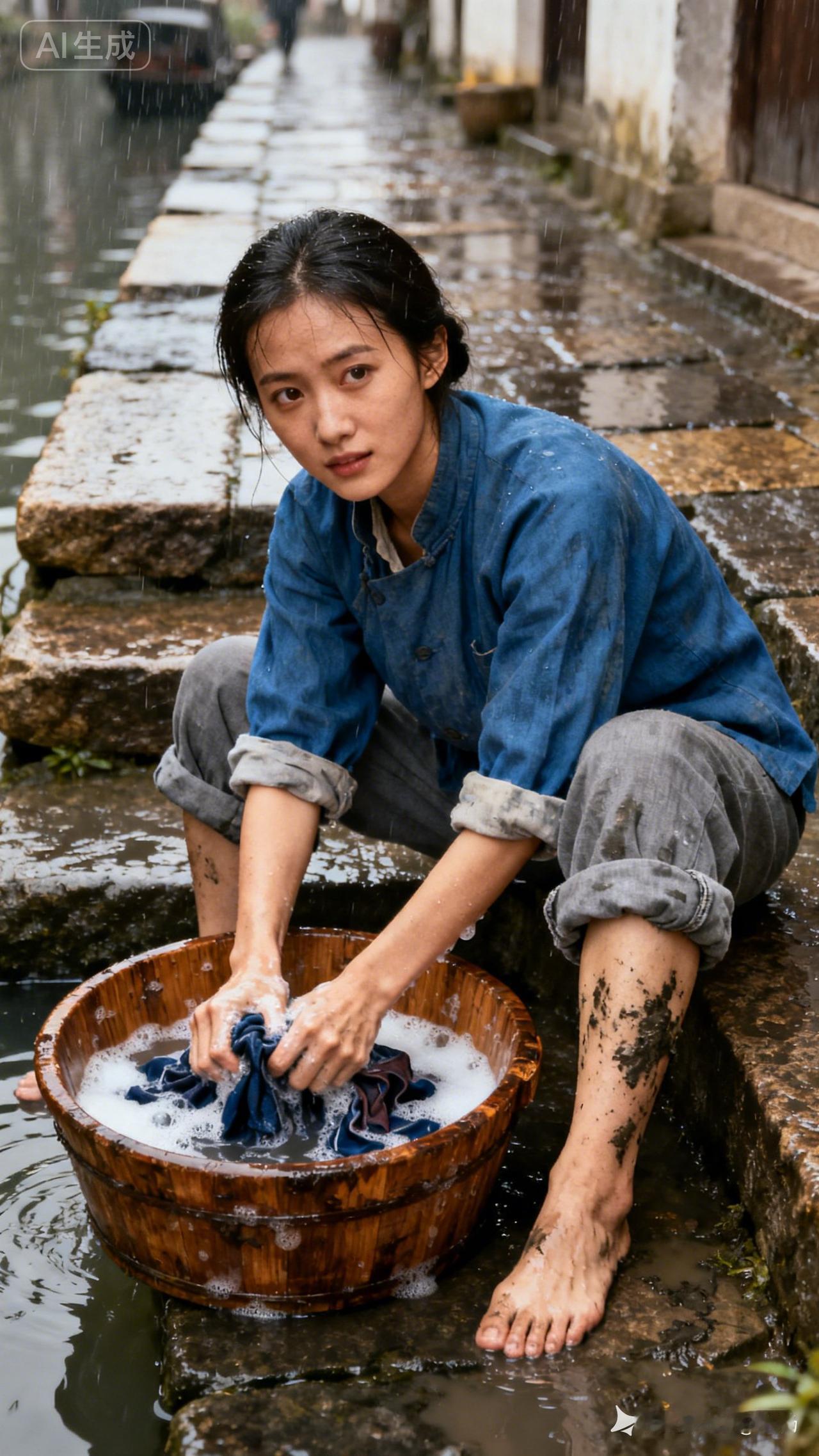 下雨天在河边洗衣服，好有生活气息。