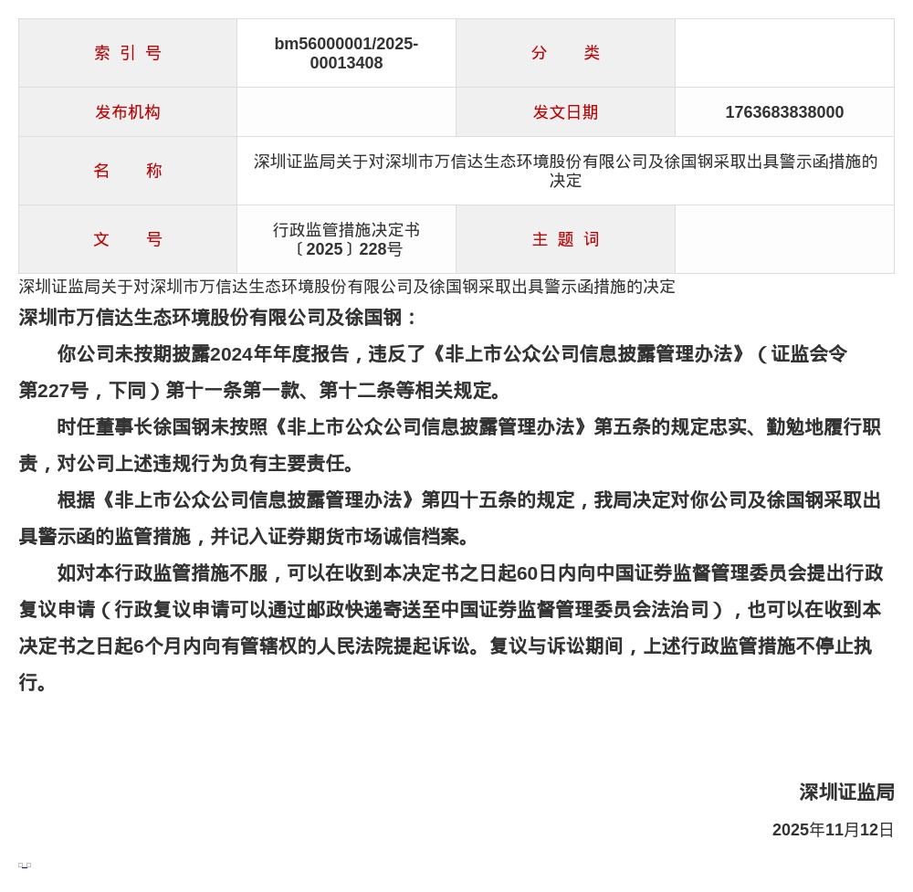 深圳万信达生态环境被出具警示函，涉未按期披露年报