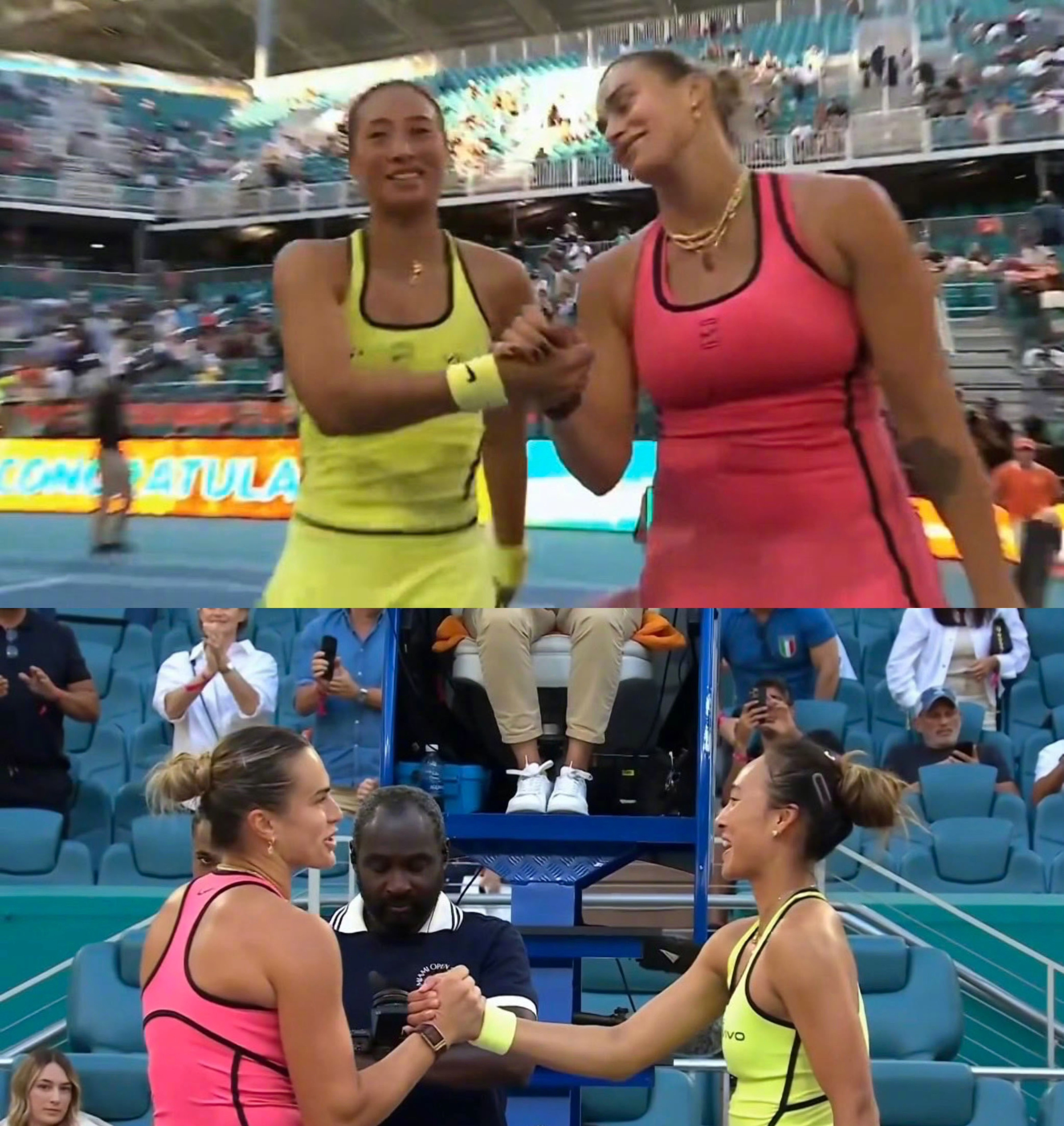 WTA1000迈阿密站展开了第四轮的一场较量，中国选手郑钦文不敌头号种子萨巴伦卡