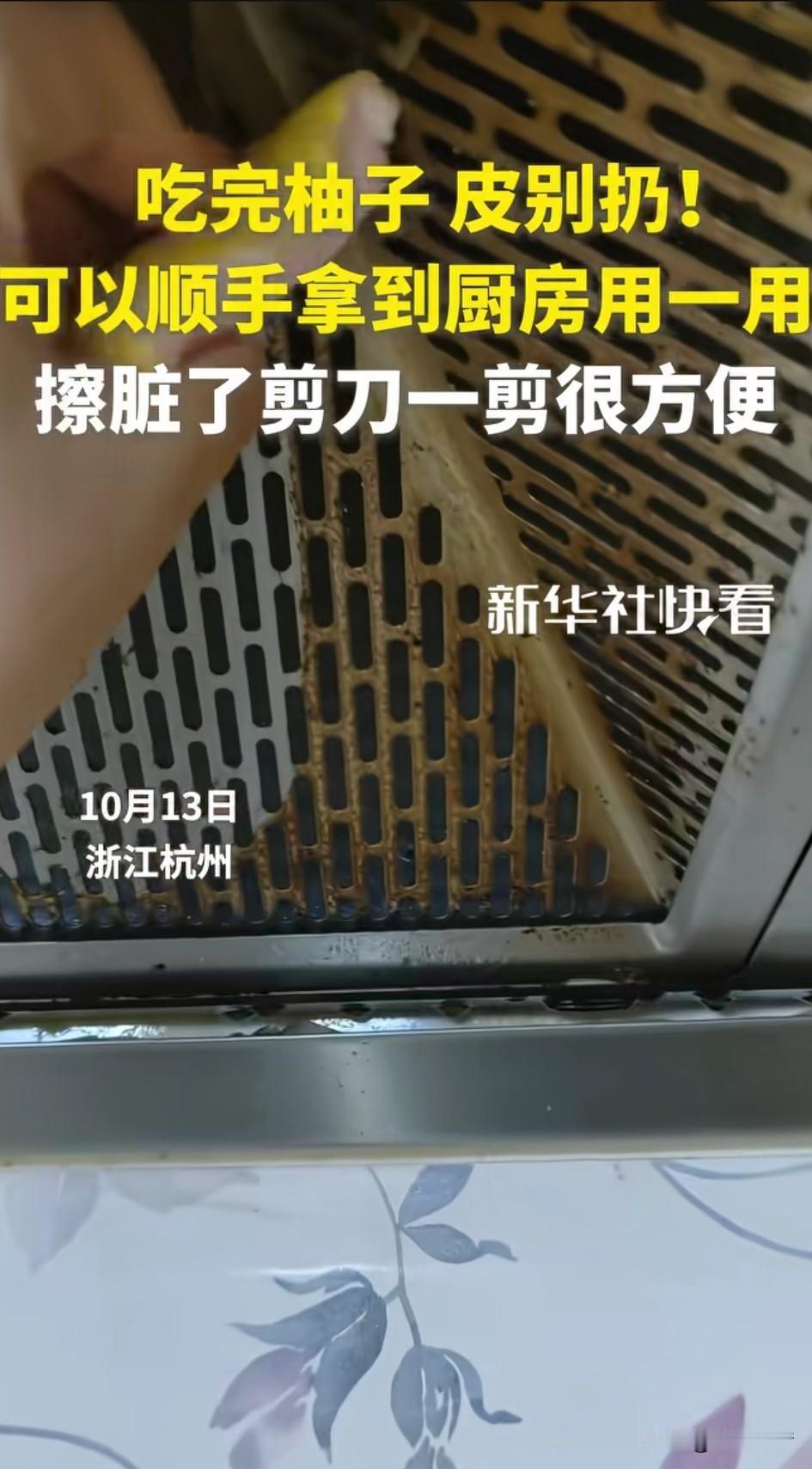 杭州女子的生活小妙招火上新华社，
原来是她把吃完的柚子皮用来擦厨房的油烟机了，你