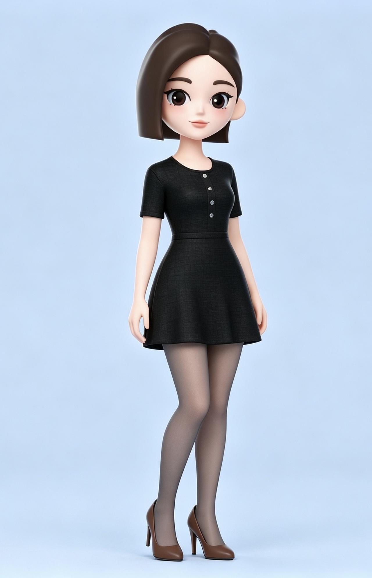 第一次见到豆包的全身照，原来是这般模样。上身着黑色短连衣裙，下身搭配老道的高跟鞋