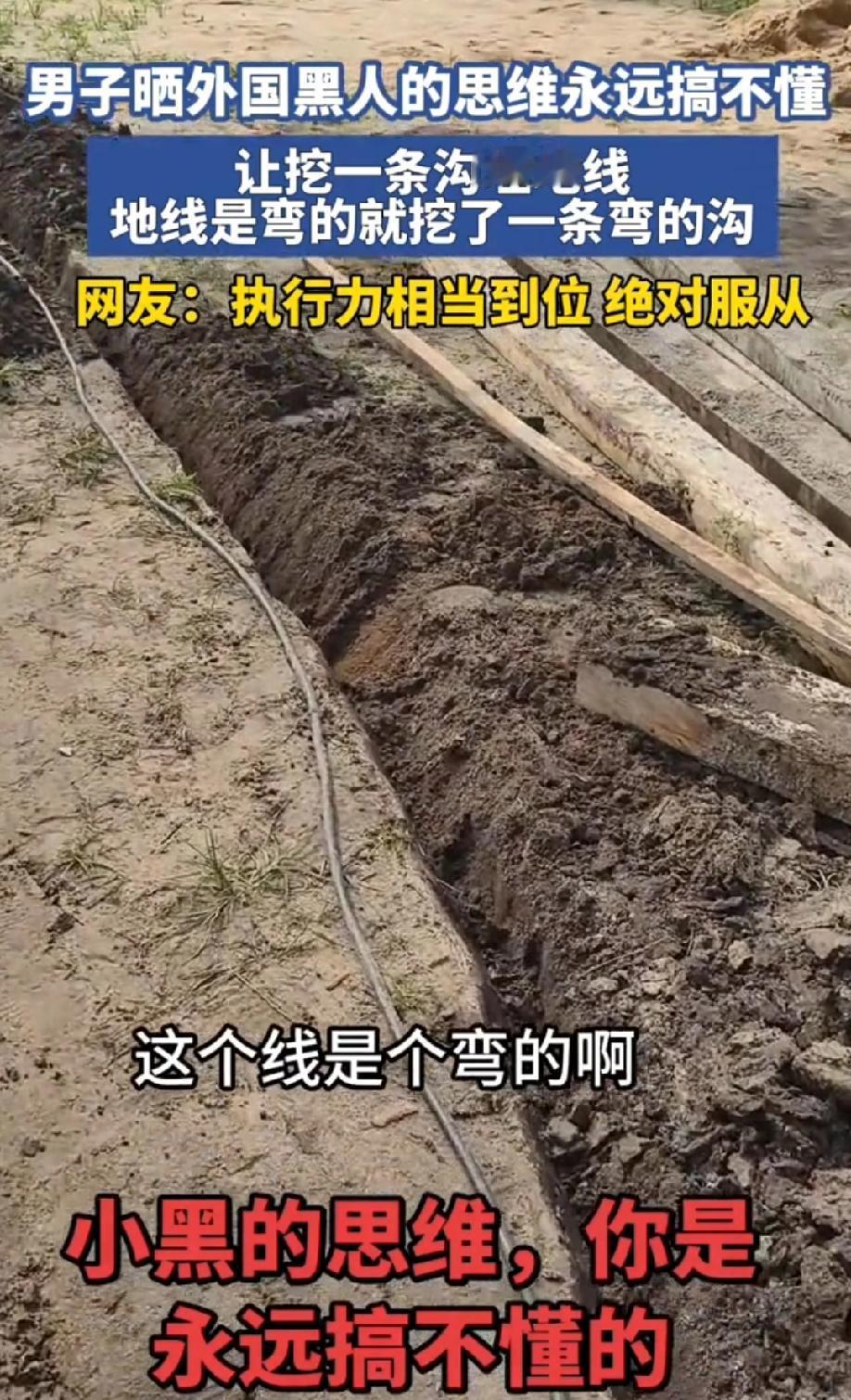 男子吐槽外国黑人的思维，你是永远搞不懂的。让他埋个线，这个线是弯的，就挖个弯的沟