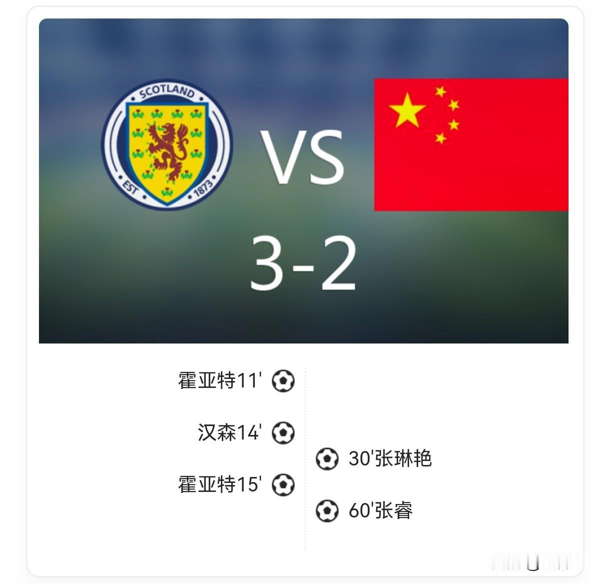 友谊赛两连败！中国女足2-3苏格兰，开场4分钟连丢3球，张琳艳吴澄舒破门难救主