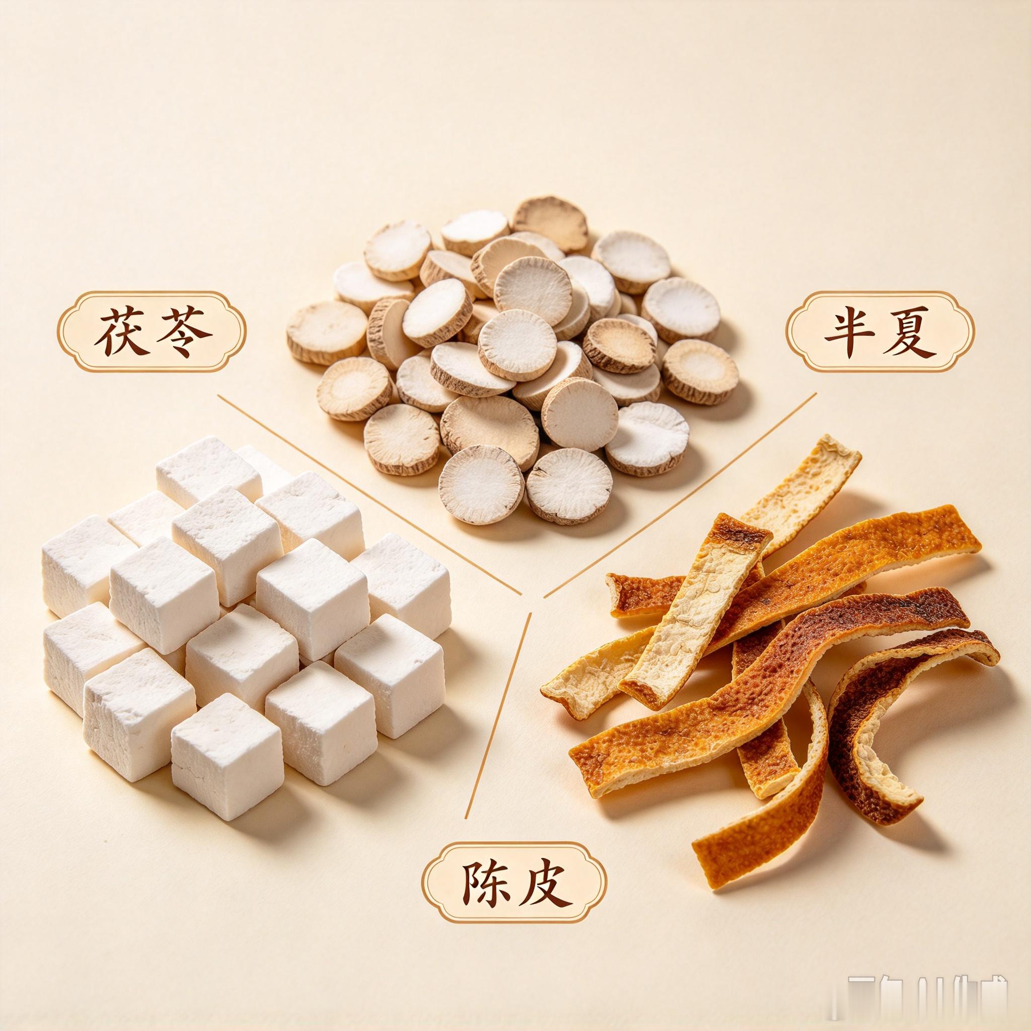 治痰三药：半夏、陈皮、茯苓湿再往下拖，久了不化，就凝成了痰。老话讲"怪病多痰""
