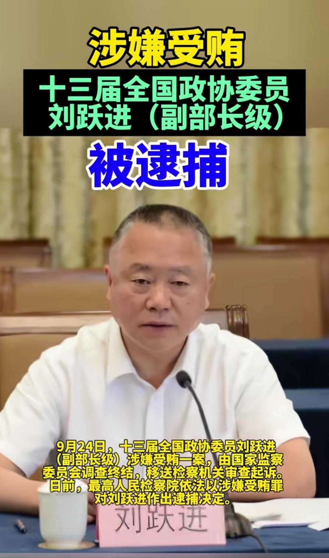 合肥晚报。十三届全国政协委员刘跃进（副部长级）被逮捕