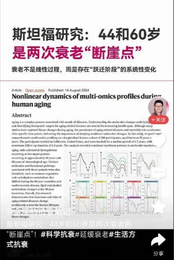斯坦福研究表明:人的衰老不是渐进的过程，而是断崖式。
44岁和60岁是两次衰老的