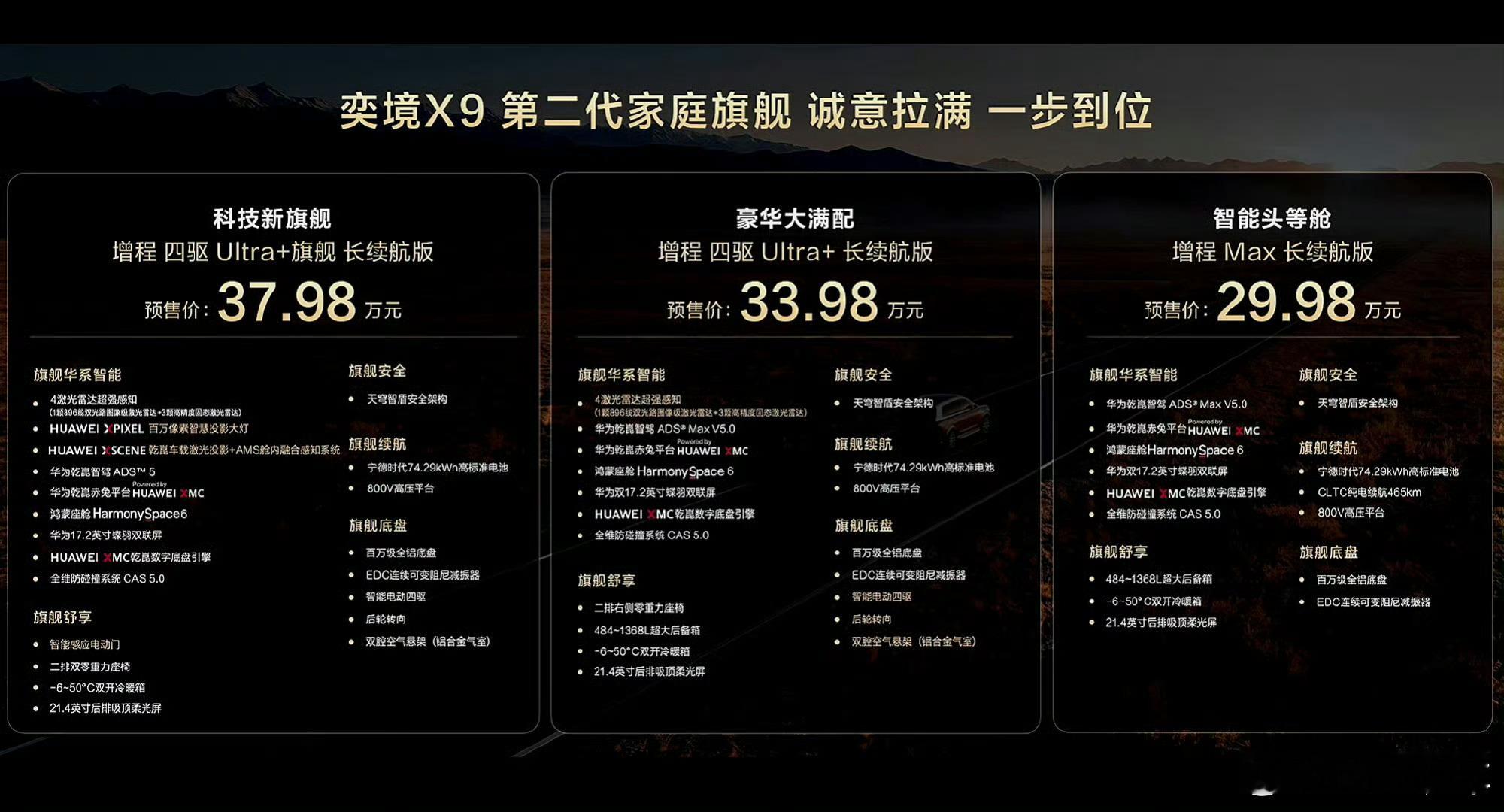 价格出来了，奕境X9预售价29.98-37.98万！鸿蒙座舱6+华为ADS5，后
