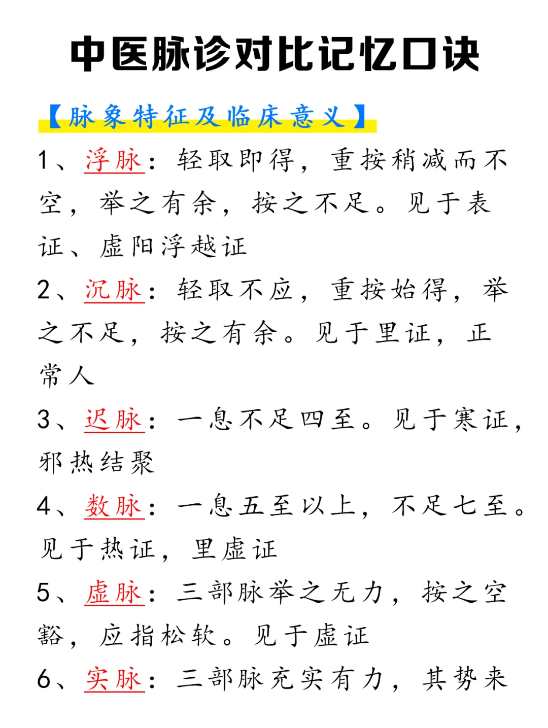 中医脉诊对比记忆口诀，简单好记✔