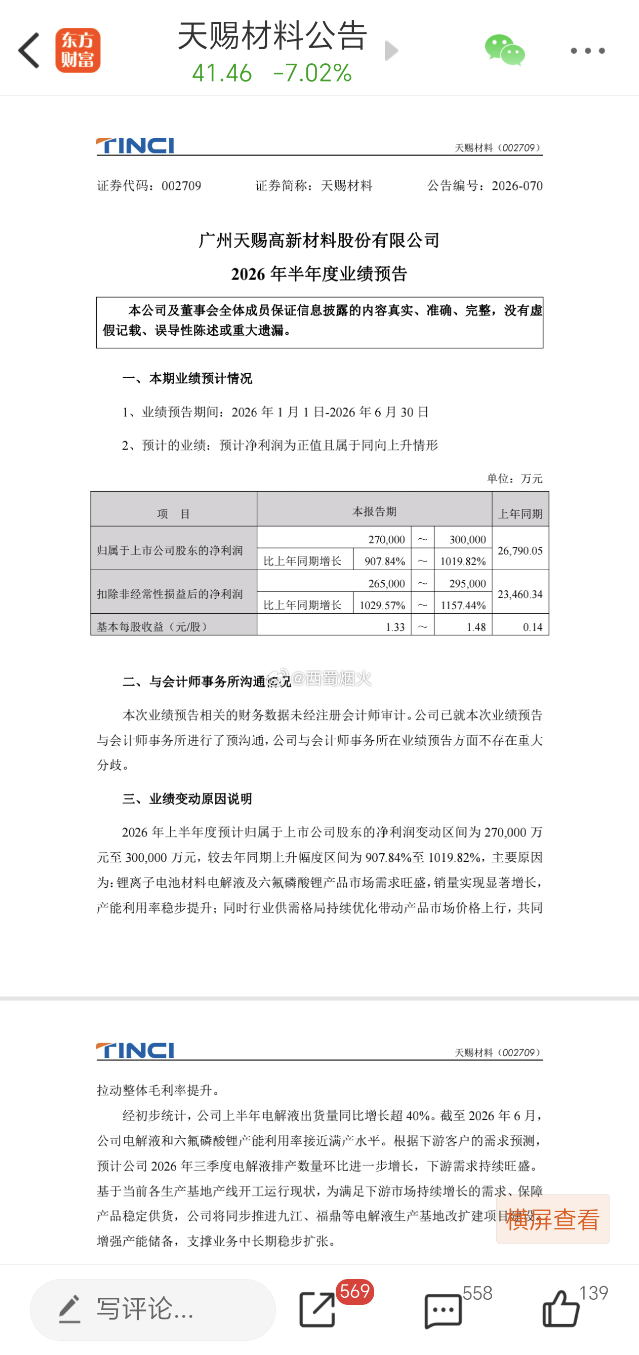 天赐材料：预计2026年半年度净利润同比增长908%-1020%。 