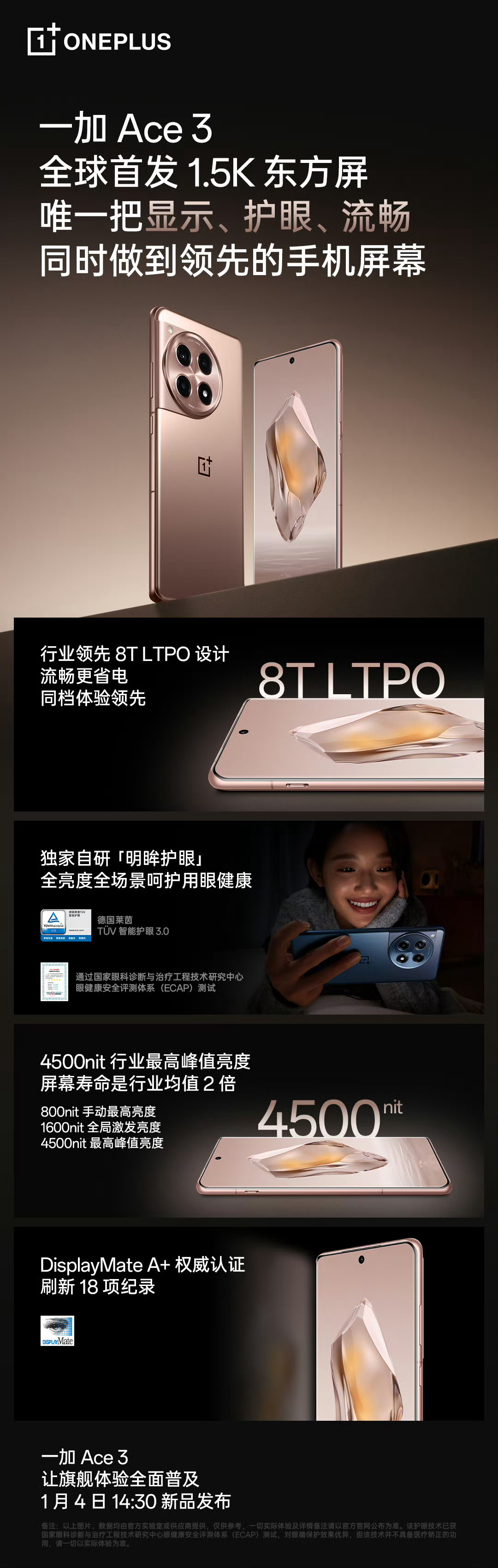 #一加ace3# 一加ace3官宣定档1月4号了。这次质感，屏幕，续航拉满。明年