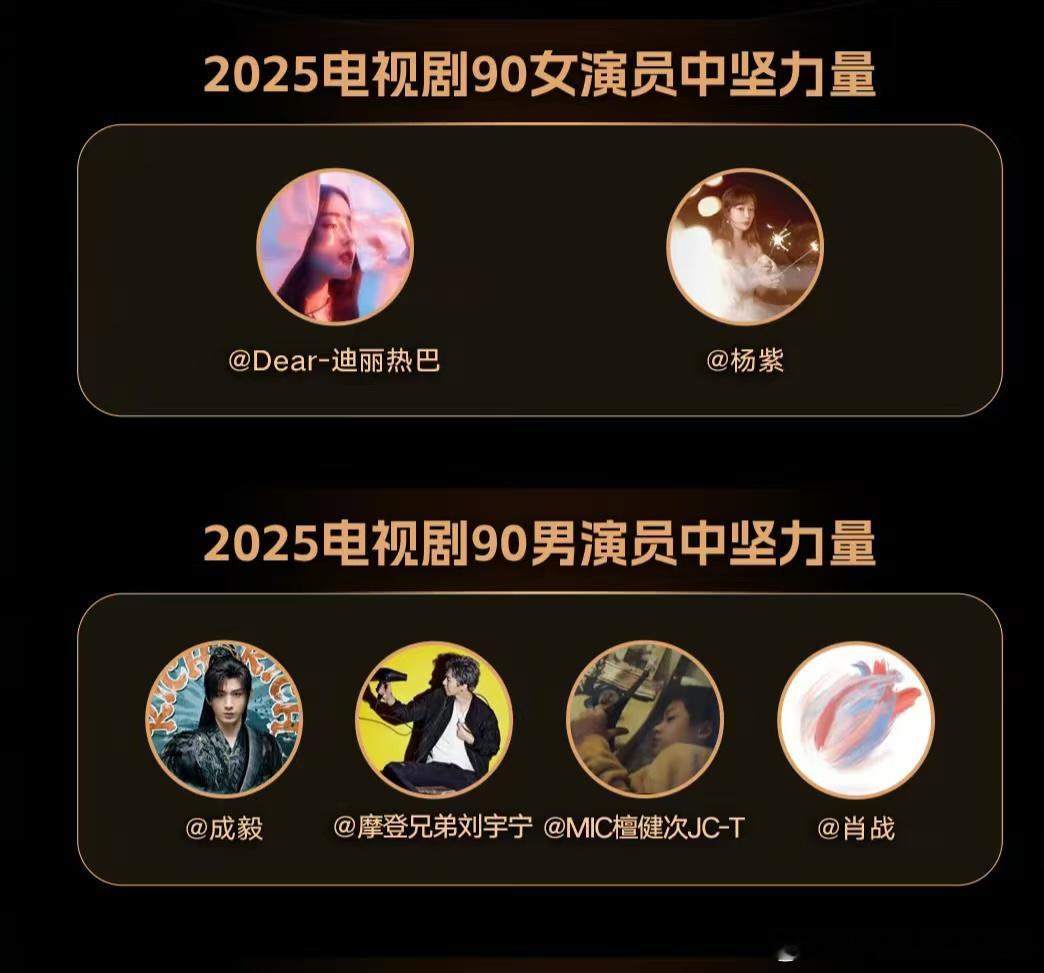 视界大会评选出来的各阶段中坚力量90花:迪丽热巴、杨紫90生:成毅、刘宇宁、檀健