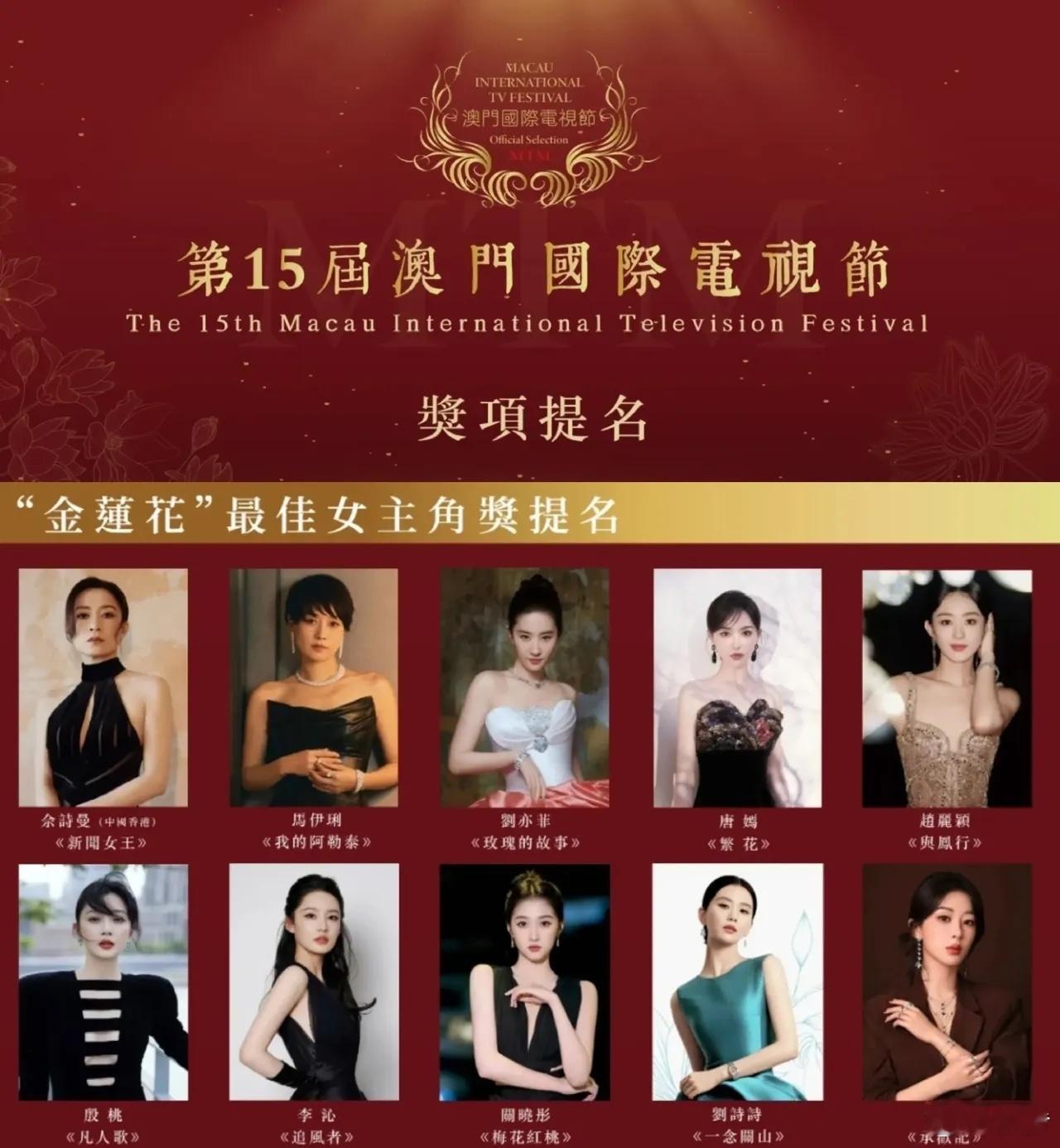 澳门金莲花最佳男女主提名，全是热剧，2009年第一届，现在已经15届了，含金量一