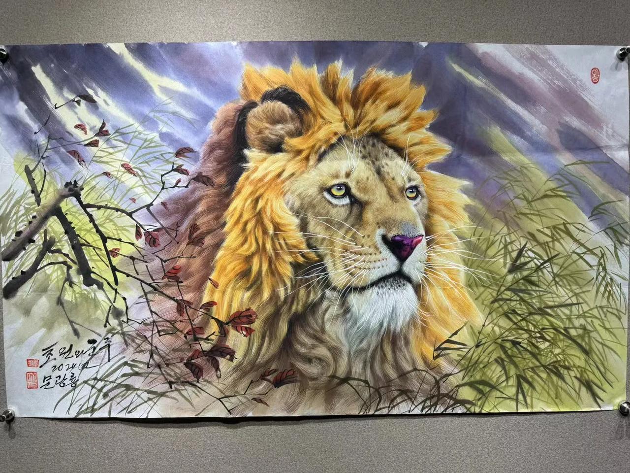 朝鲜名家国画73 X125cm，老虎狮子，画的与真的一样，笔法到位，画出百兽之王