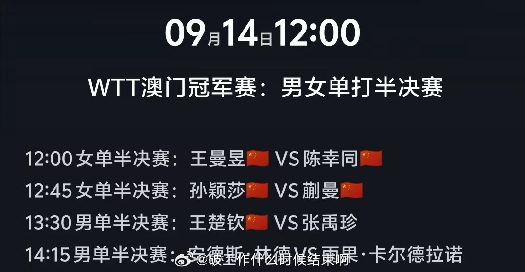 📢澳门冠军赛半决赛对阵📍【2025WTT澳门冠军赛】半决赛🏓12:00 女