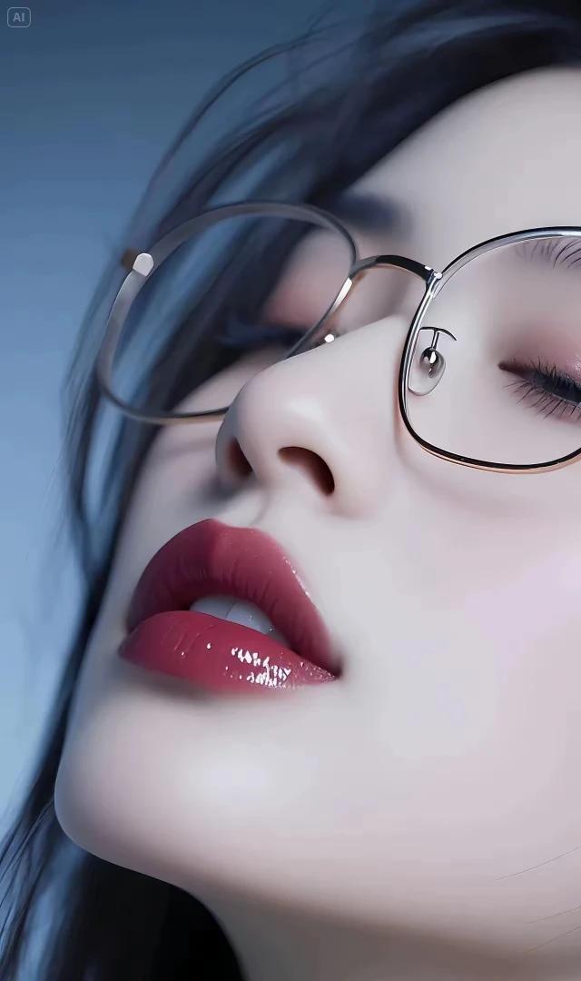 这位年轻靓丽的姑娘，戴着一付金丝眼镜，闭着双眼一定在沉思，她所考虑应该细仔的问题