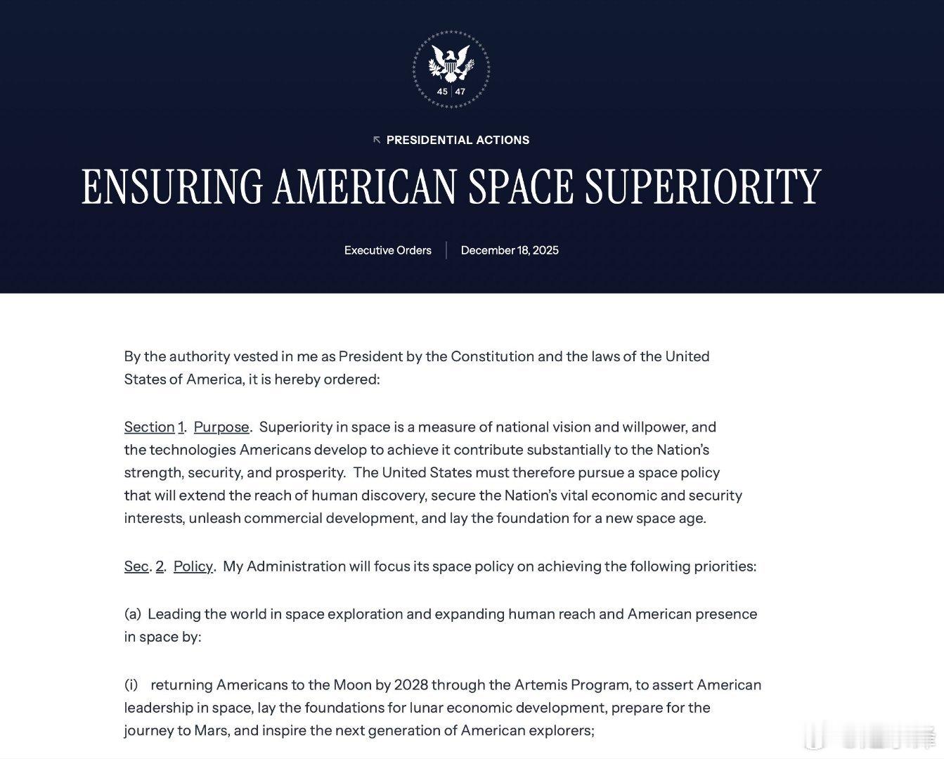 今天，特朗普签署行政令，承诺美国将在2028年前重返月球，2030年前建成月球前