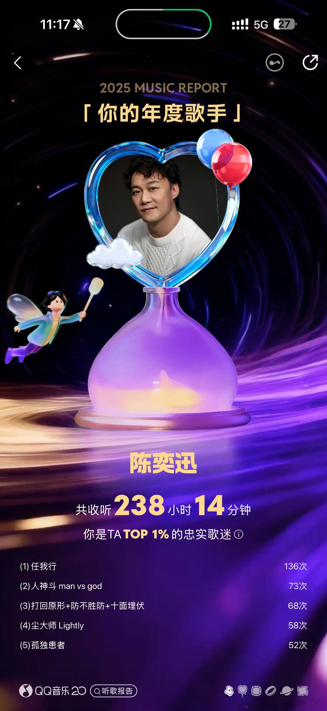 来秀一下你们的年度歌单，还得是我的老baby陈奕迅！每天开车都是Eason的歌，