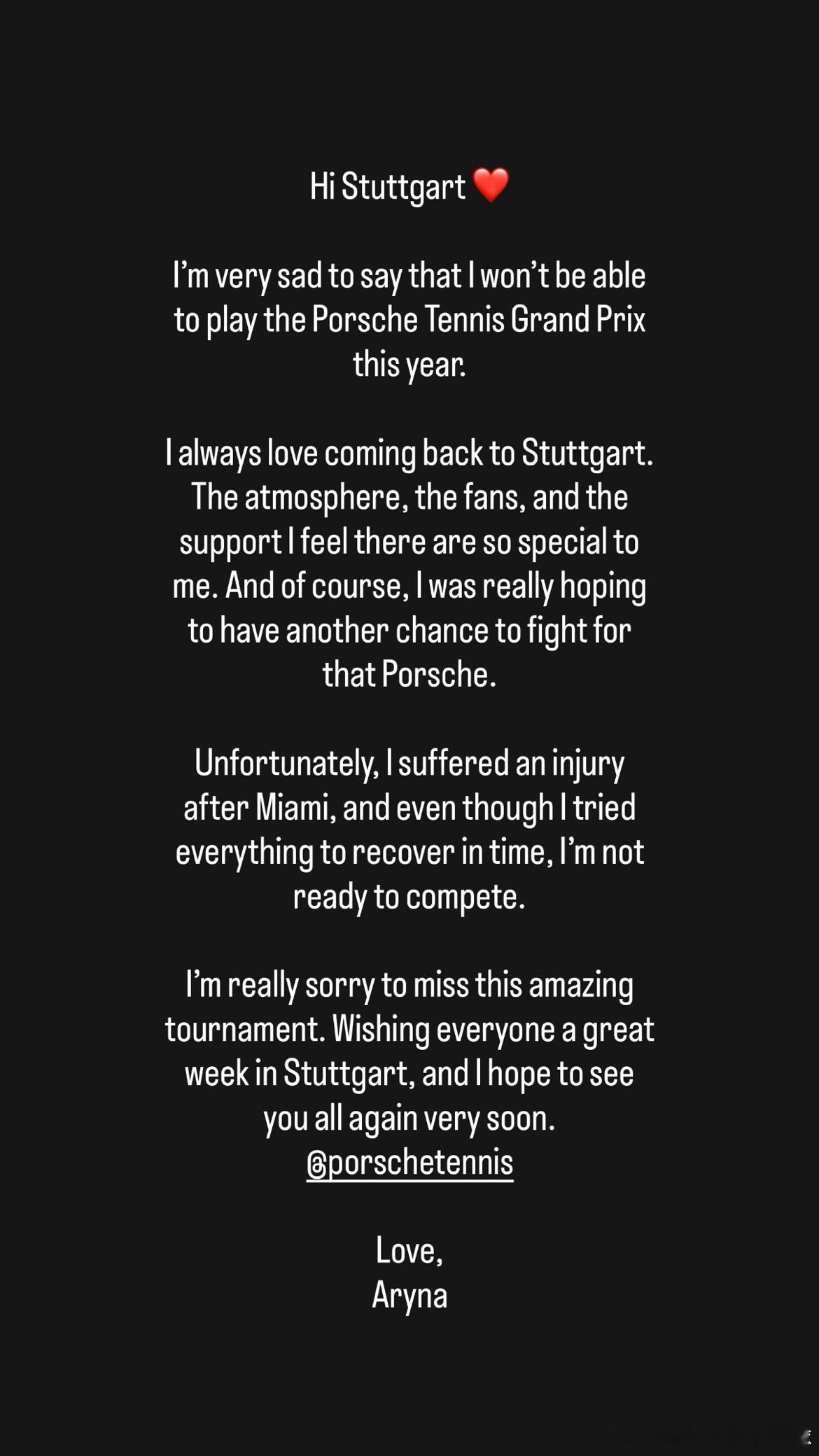 萨巴伦卡🇧🇾退出WTA斯图加特⭐️萨巴伦卡退赛声明：“你好，斯图加特 ❤️非