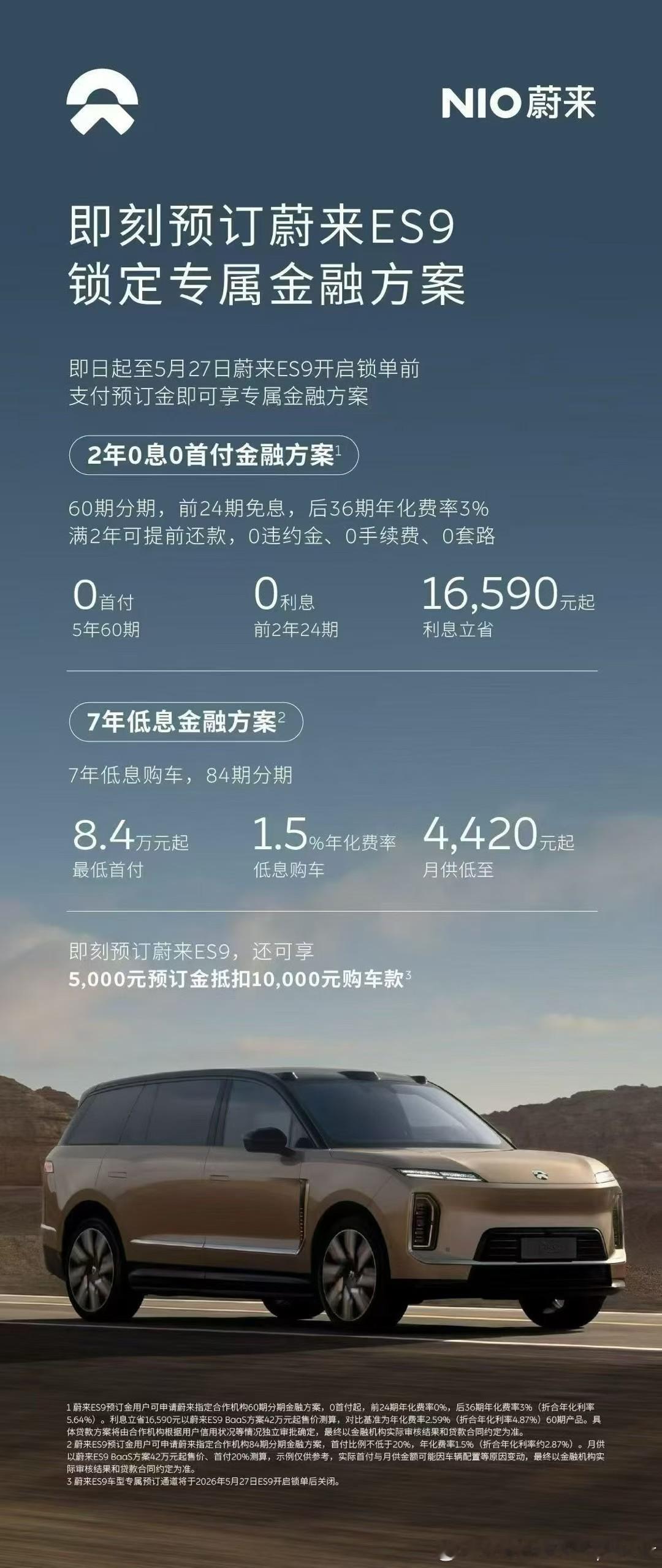 兵马未动粮草先行！蔚来ES9未正式发布，金融方案先来了5年期，前两年免息！蔚来蔚