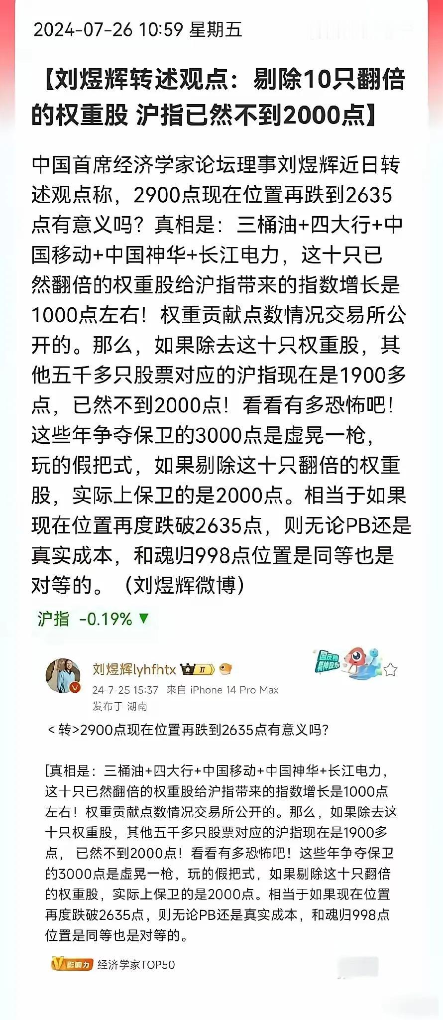 周末，经济学家刘煜辉转述了一个观点：剔除10只翻倍的权重股，沪指已然不到2000