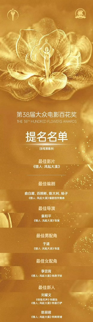 百花奖镖人环吴京提名最佳影片最佳编剧最佳导演最佳男配最佳女配最佳新人都有就是男主