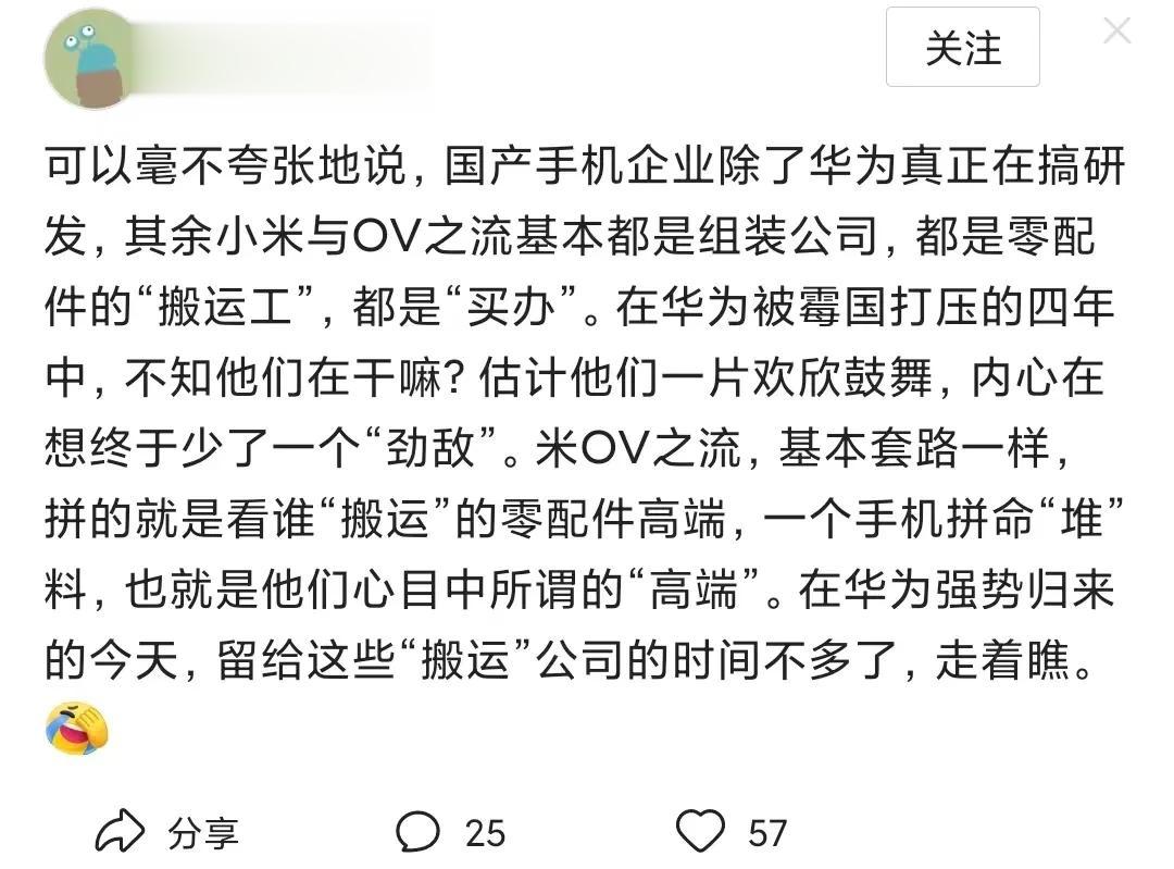 除了华为，其他国产手机厂商啥也不是？

这位网友还是太绝对了，华为有鸿蒙、麒麟芯