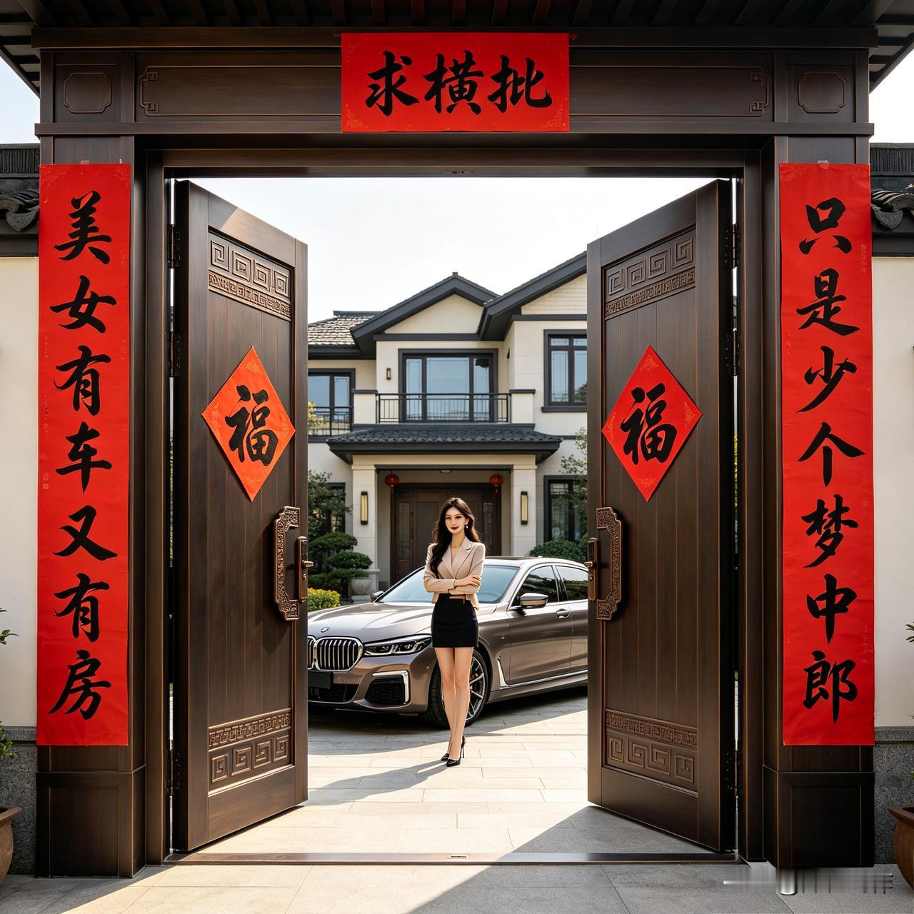 上联：美女有车又有房
下联：只是少个梦中郎
 
这副联勾勒出一种生活状态，“有车