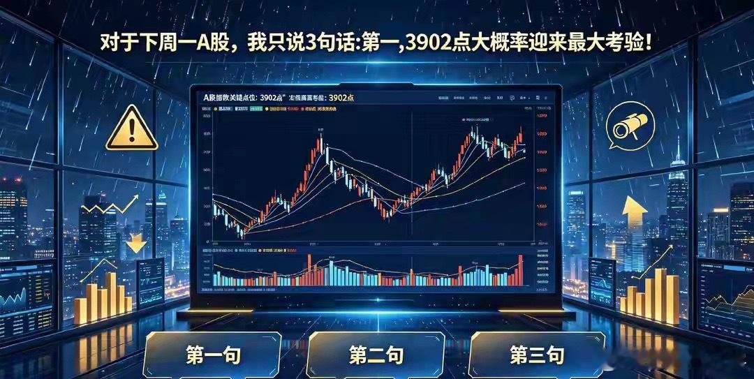 对于下周一A股，我只说3句话:第一,3902点大概率迎来最大考验！理性看待下周一