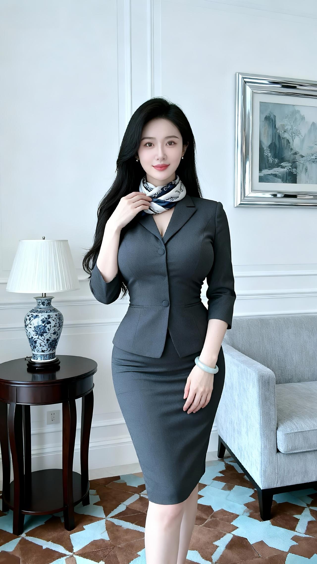 《职场中的优雅身影》
在这张图片中，一位女性穿着深灰色西装套装，搭配白色内搭和围