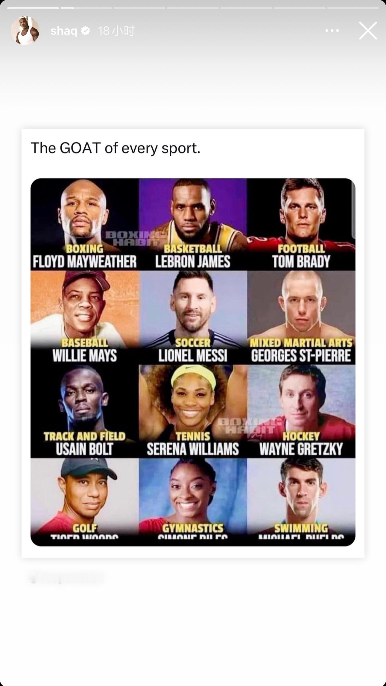 大鲨鱼奥尼尔ins发布心目中体育各领域的GOAT[doge]#梅西[超话]# ​