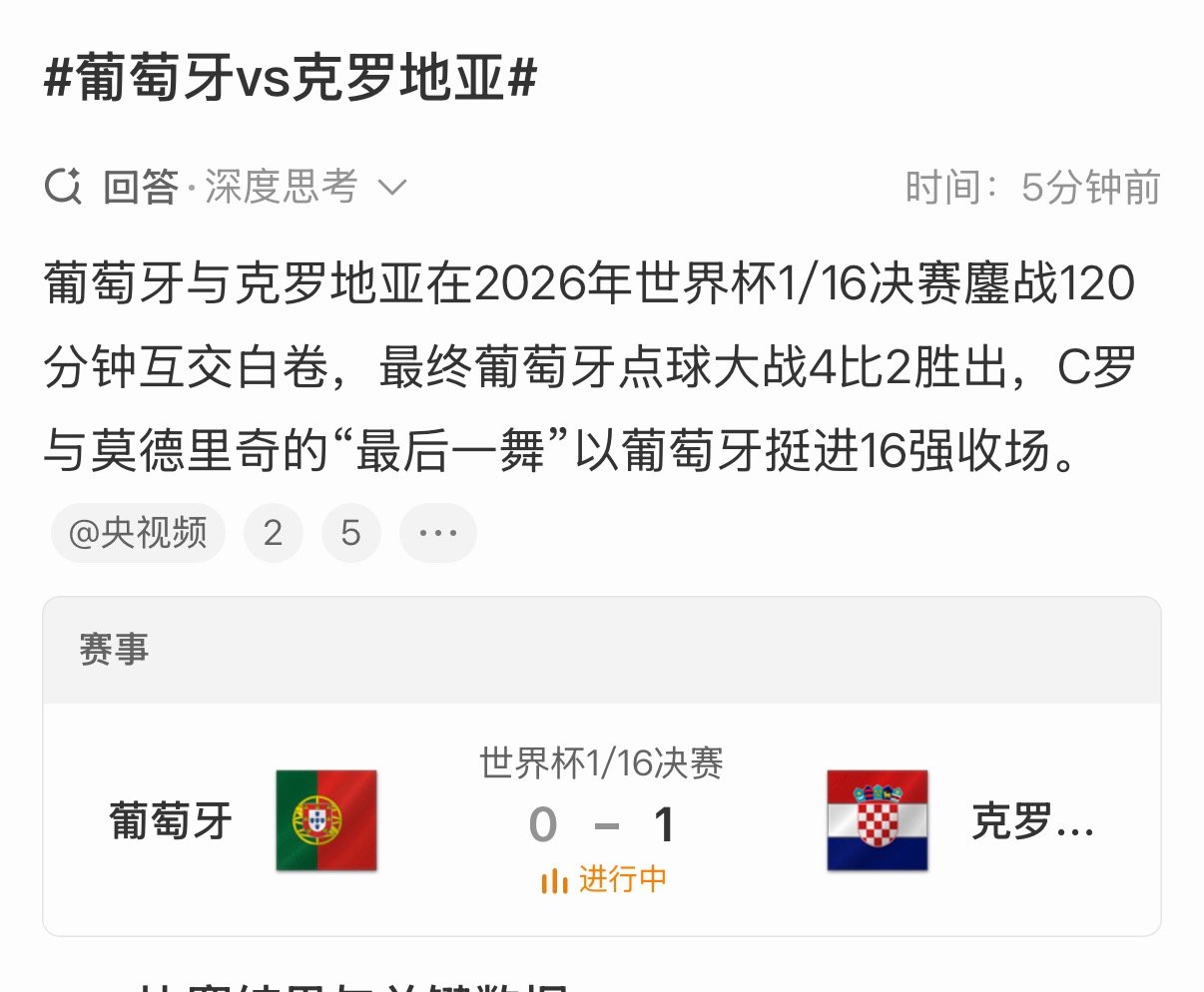 葡萄牙vs克罗地亚葡萄牙与克罗地亚在2026年世界杯1/16决赛鏖战120分钟互