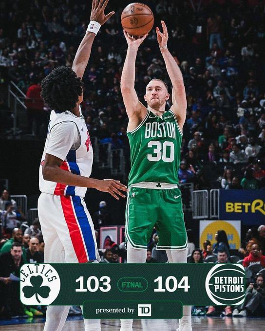 全场比赛结束，我们最终在客场103-104遗憾不敌活塞、☘️布朗32分11篮板2