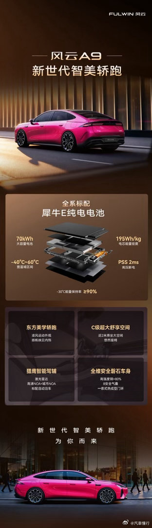 风云A9 全系标配犀牛E纯电电池定义纯电轿跑安全新标准2026年Q2即将上市，敬