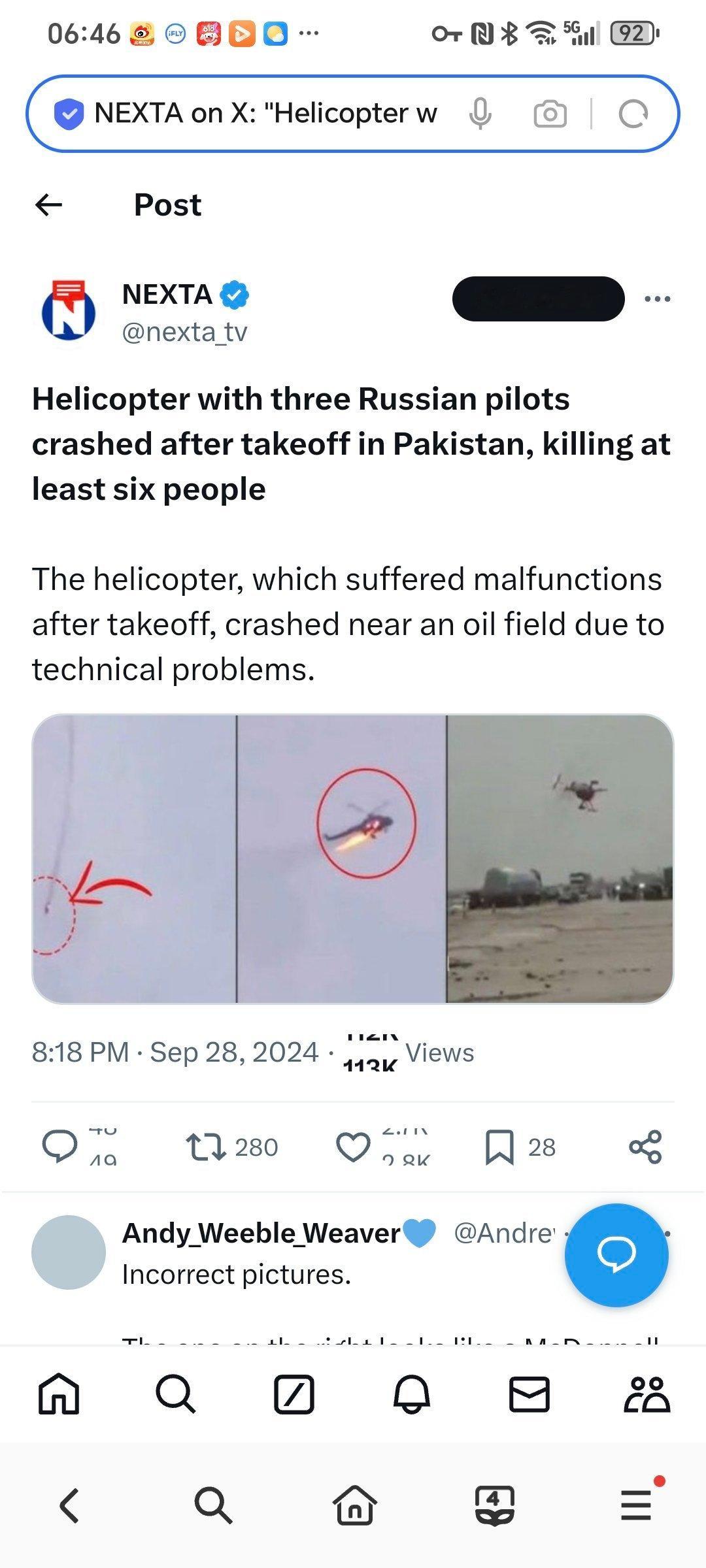 据媒体报道，昨天，一架载有3名俄罗斯飞行员的直升机在巴基斯坦起飞后坠毁，事件共造