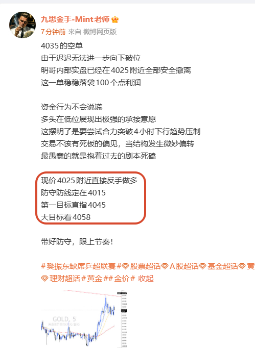 4025的反手多单，完美到达目标位4045这波顺势突破，稳稳落袋200个点利润前