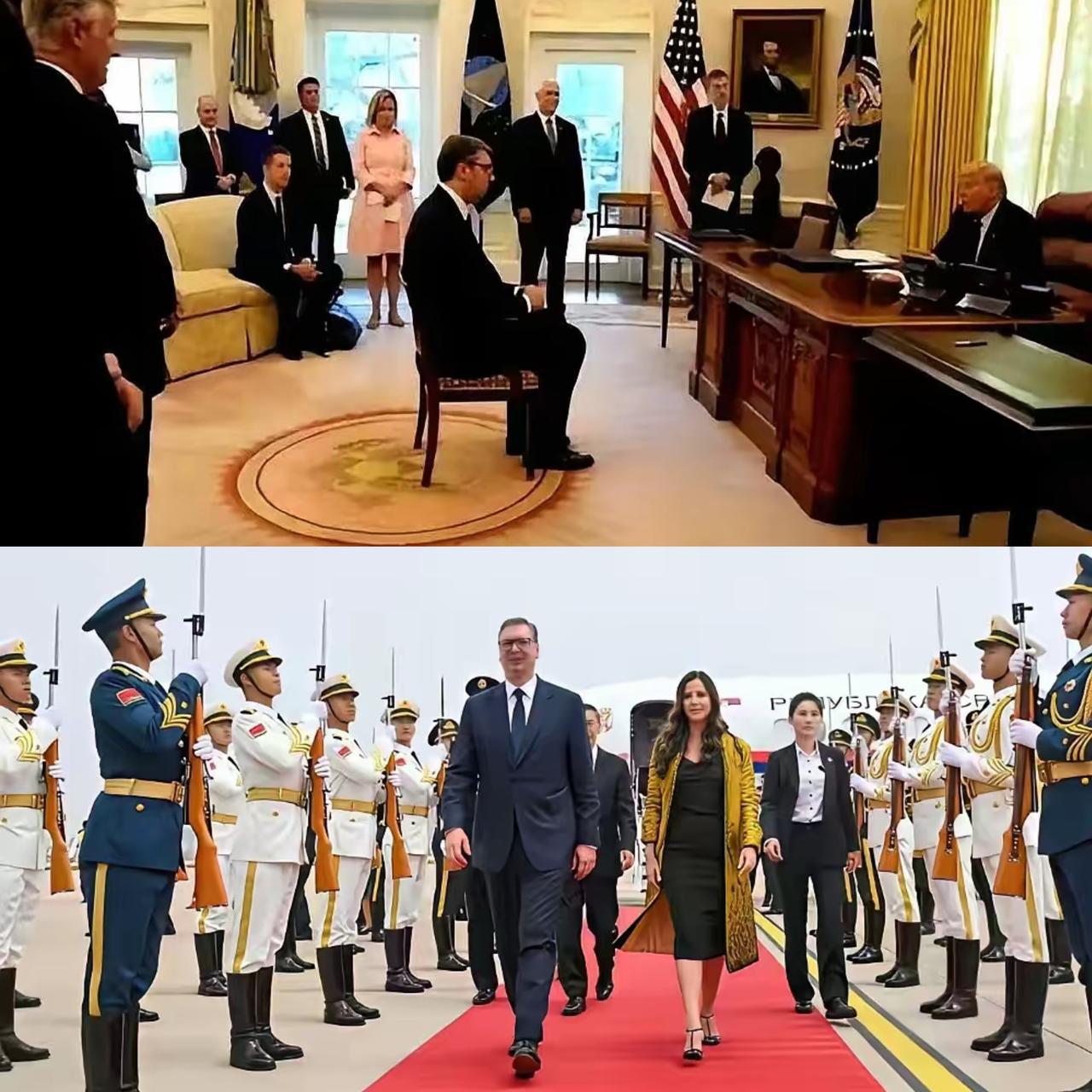 武契奇中美访问的待遇反差，真的太戳人了！一米九的他在美国被塞个小板凳，坐得满是憋