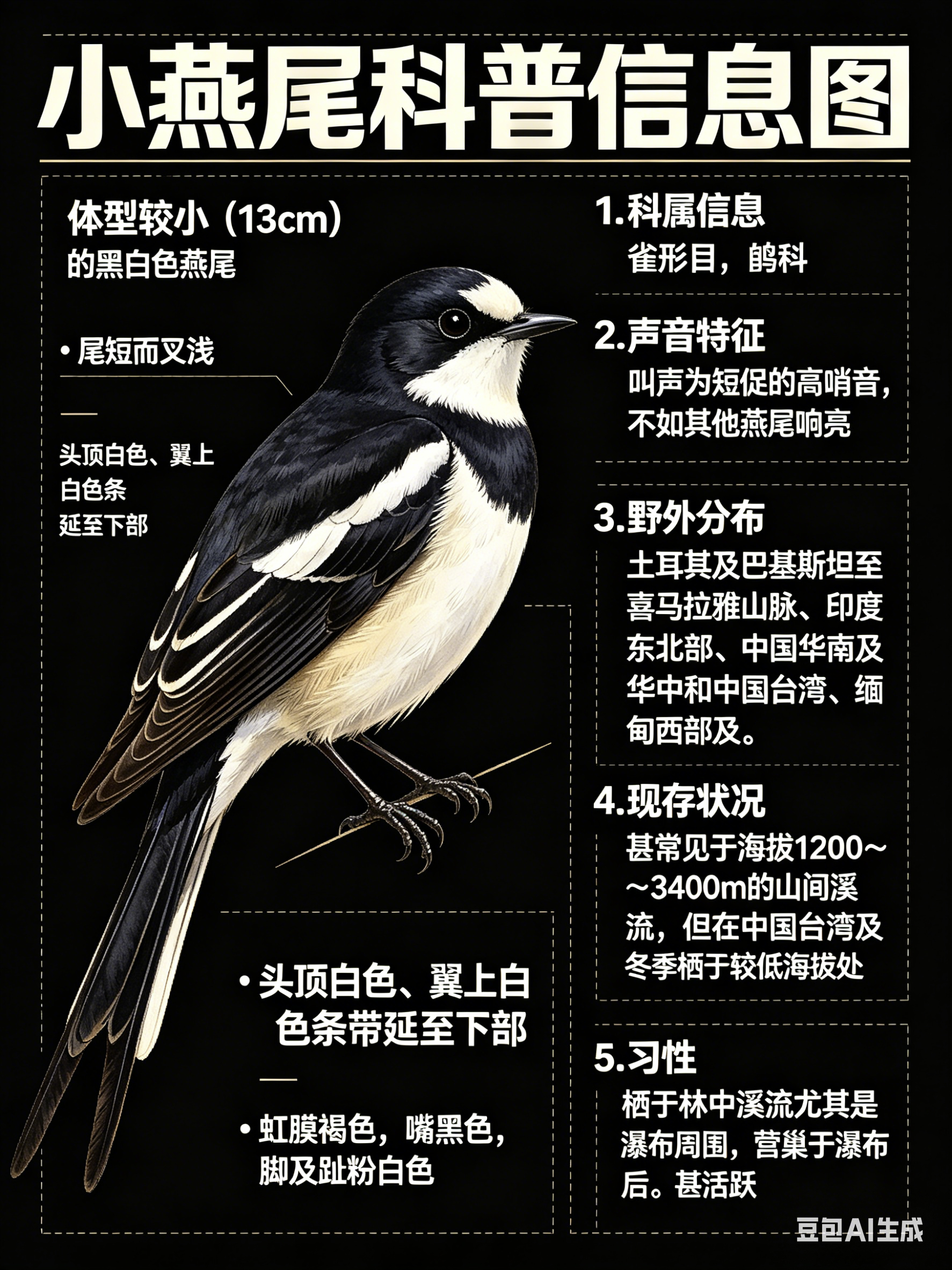 鸟类朋友图鉴 小燕尾·科属：雀形目，鸫科。·外形特征：体型较小（13cm）的黑白