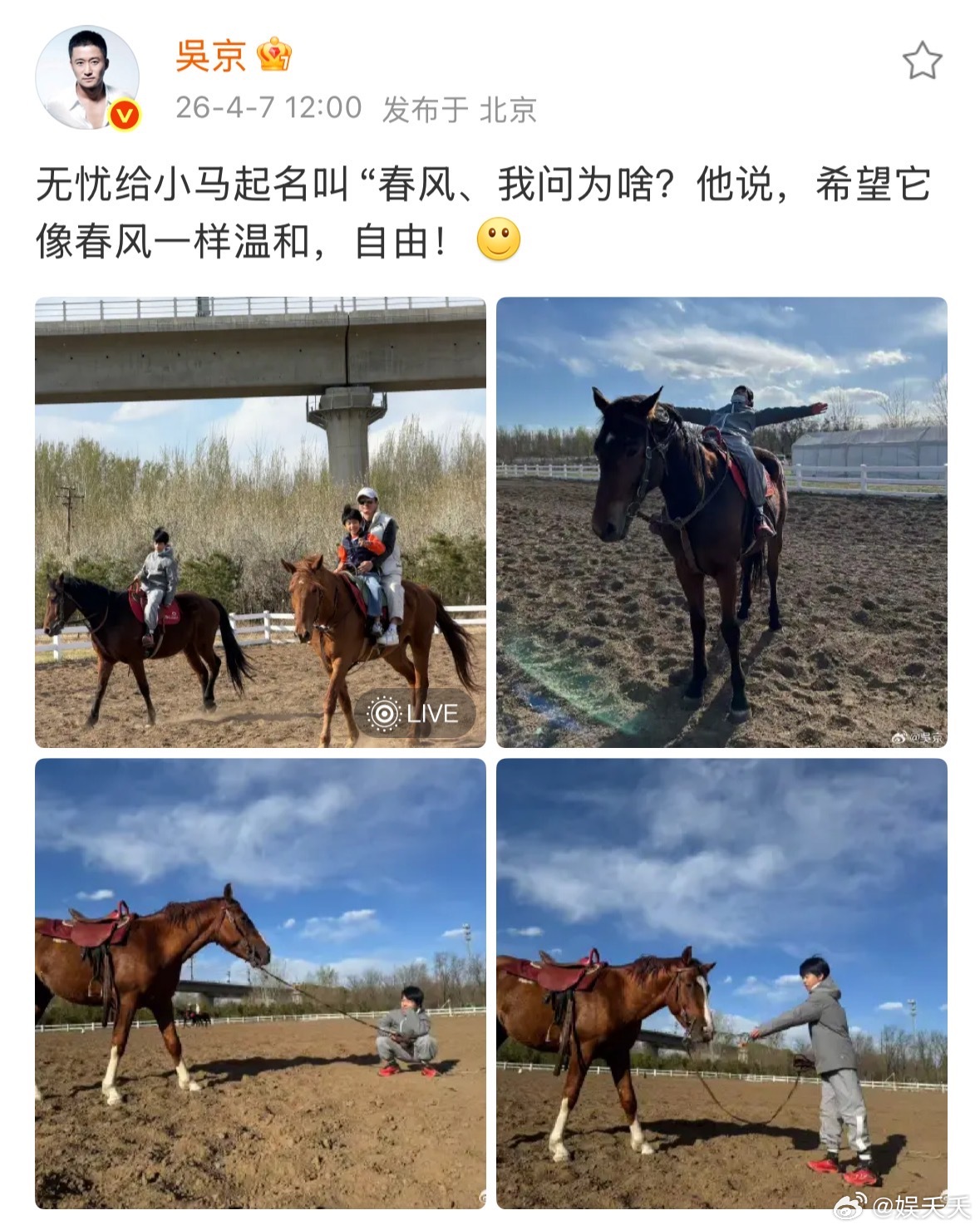 吴京儿子给小马取名春风 吴京一家把“乘风”玩得好有默契～妈妈在舞台乘风破浪，爸爸