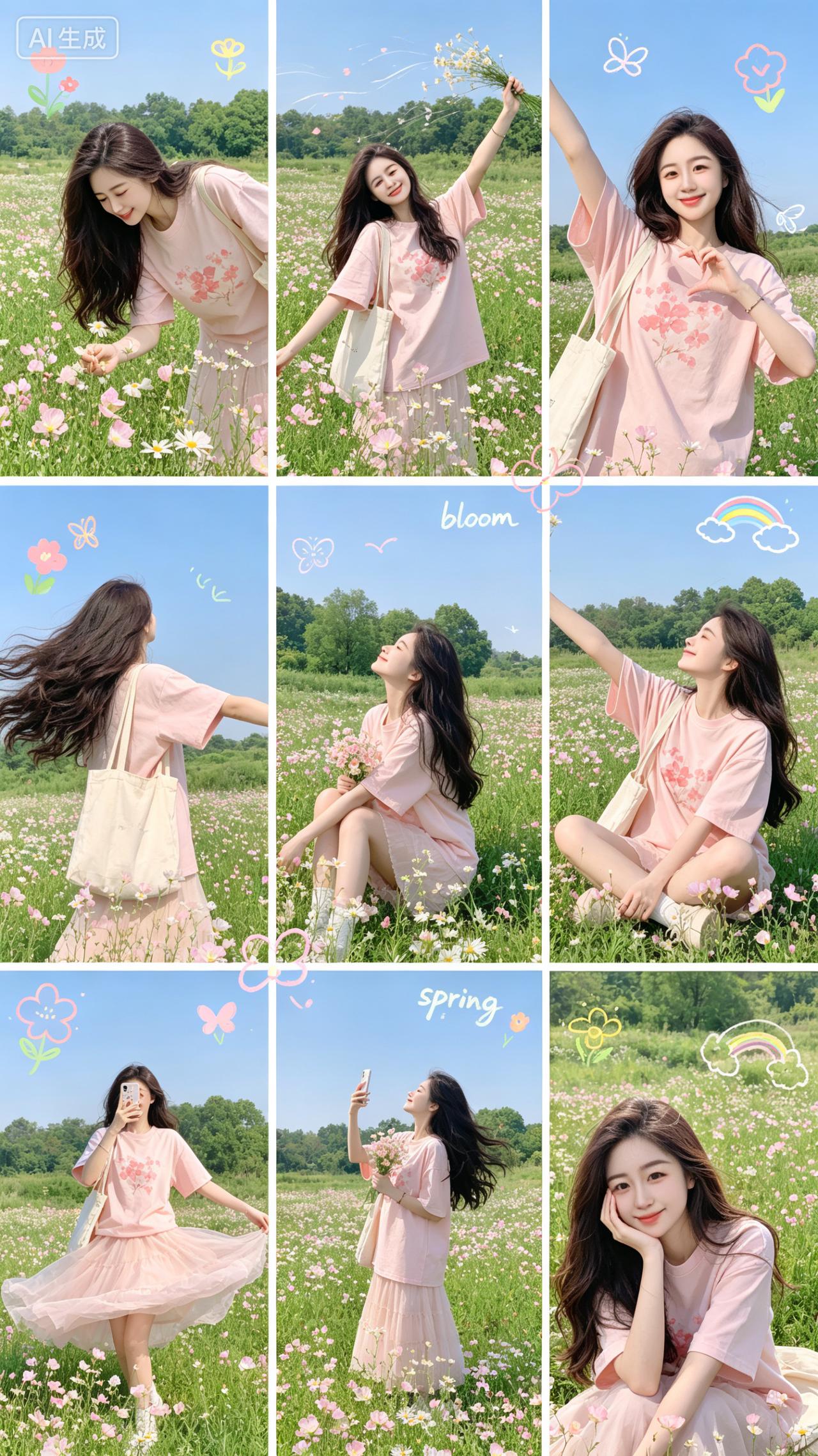 花野春行
春郊十里漫野香，粉袂轻飘趁晓光。
俯身细嗅芳丛醉，抬手闲邀蝶影忙。
比