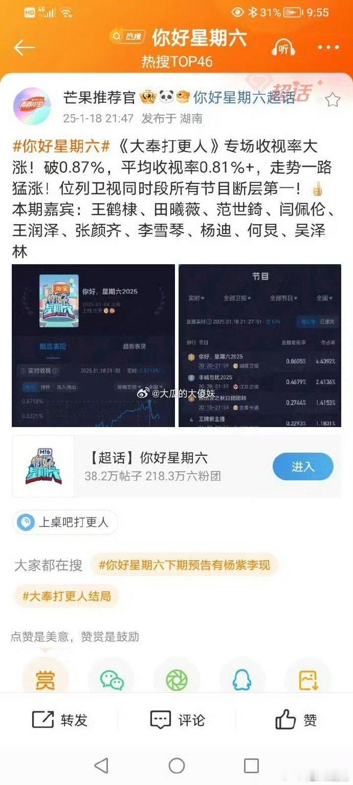 你好星期六大奉专场收视创新高  大奉打更人专场的《你好星期六》，以超燃表现，将收