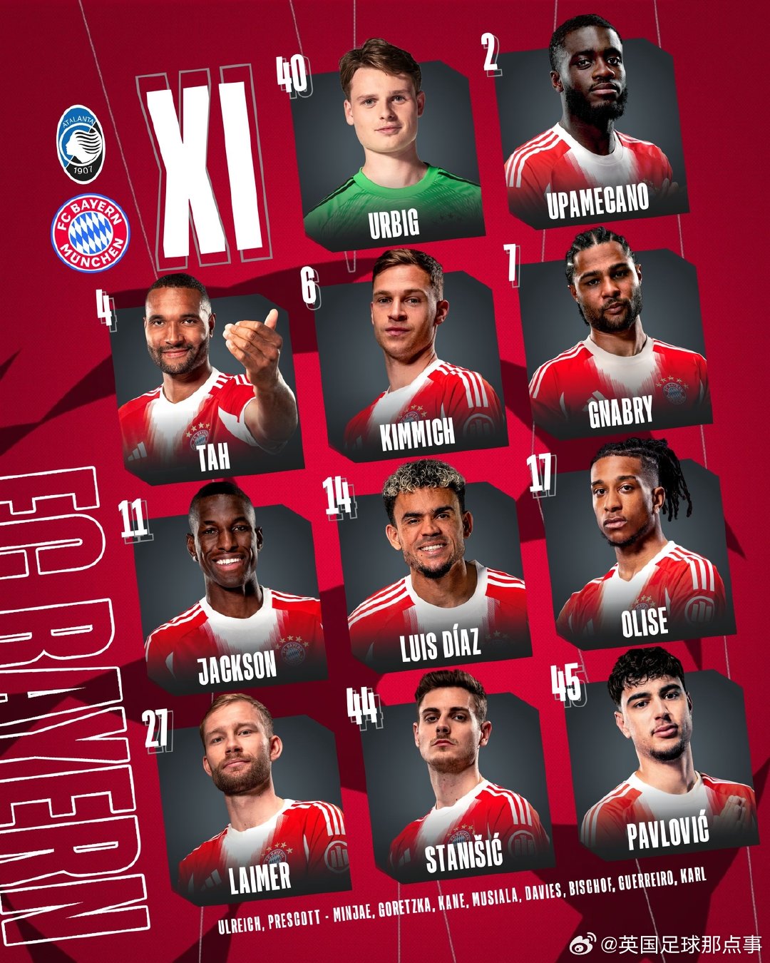 亚特兰大vs拜仁 首发阵容⬇️亚特兰大首发：29-卡内塞基、23-科拉希纳茨、4